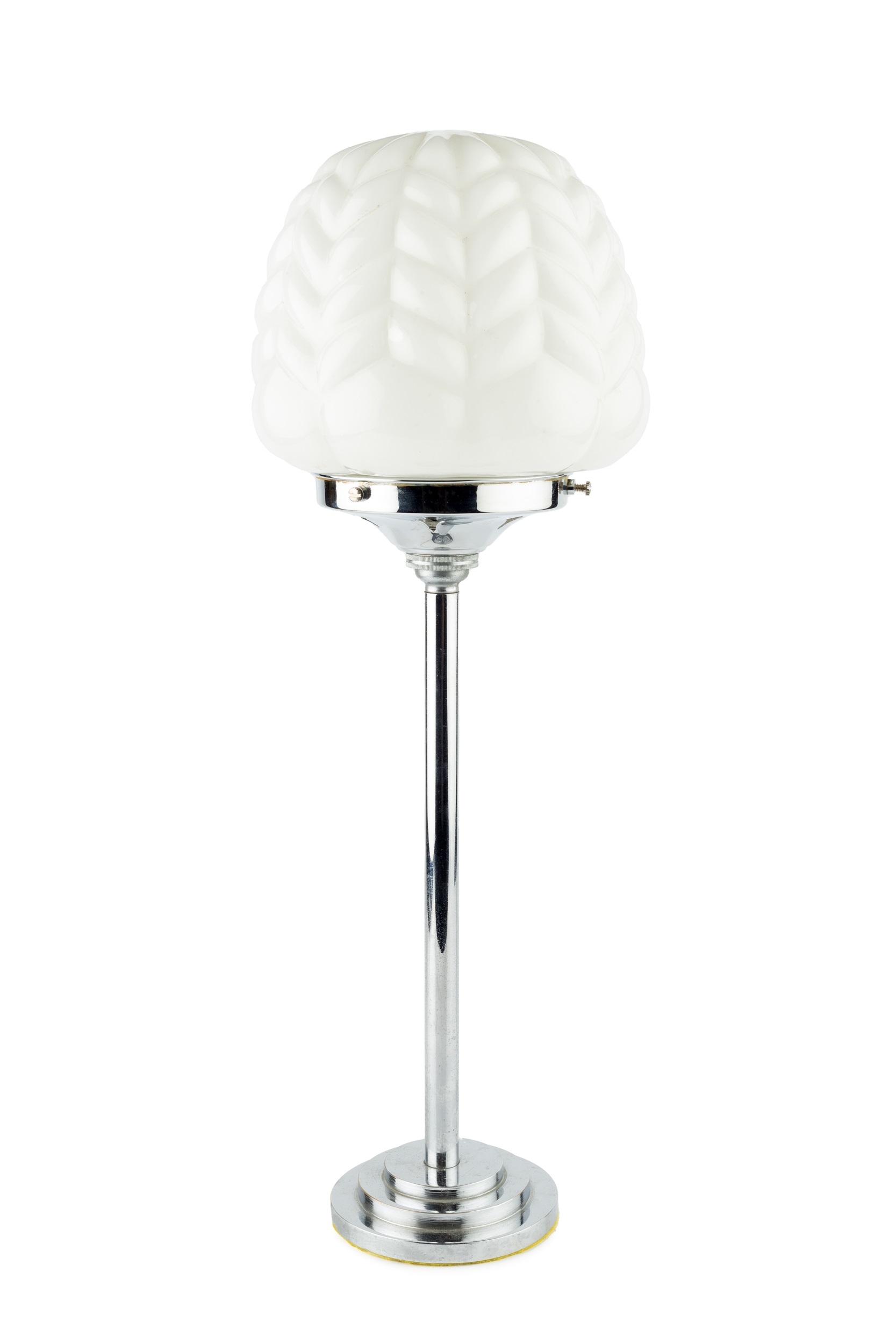 Art Deco Table lamp chrome base with white opaline glass shade 49cm high.