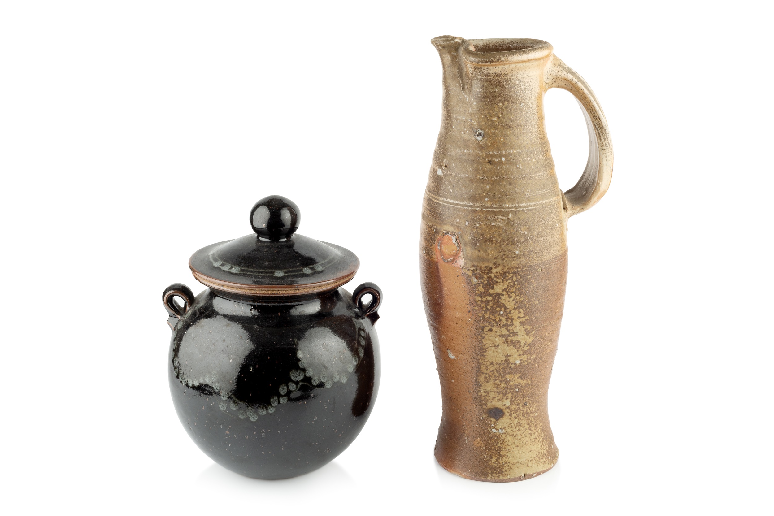Nic Collins (b.1958) Large pitcher stoneware, wood-fired signed 45cm high; and a pot and cover by