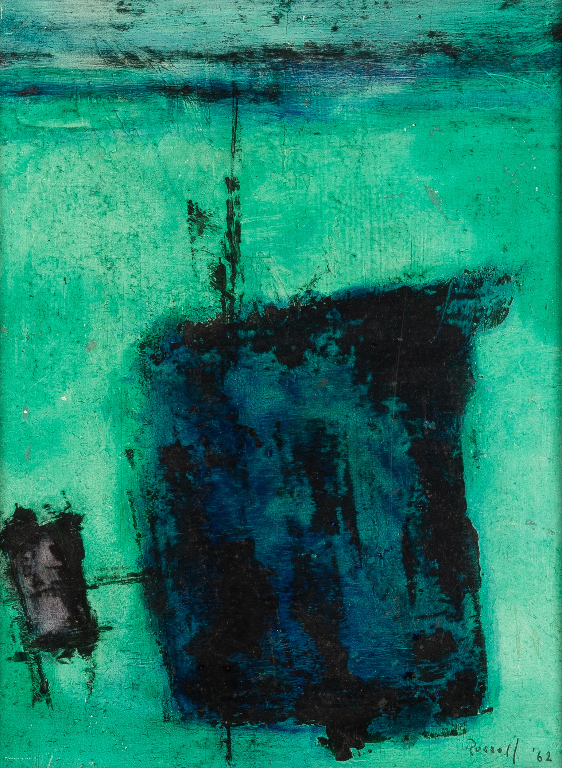 Ron Russell (1923-1994) Blue and Green, 1962 signed and dated (lower right) oil on board 28 x 22cm.