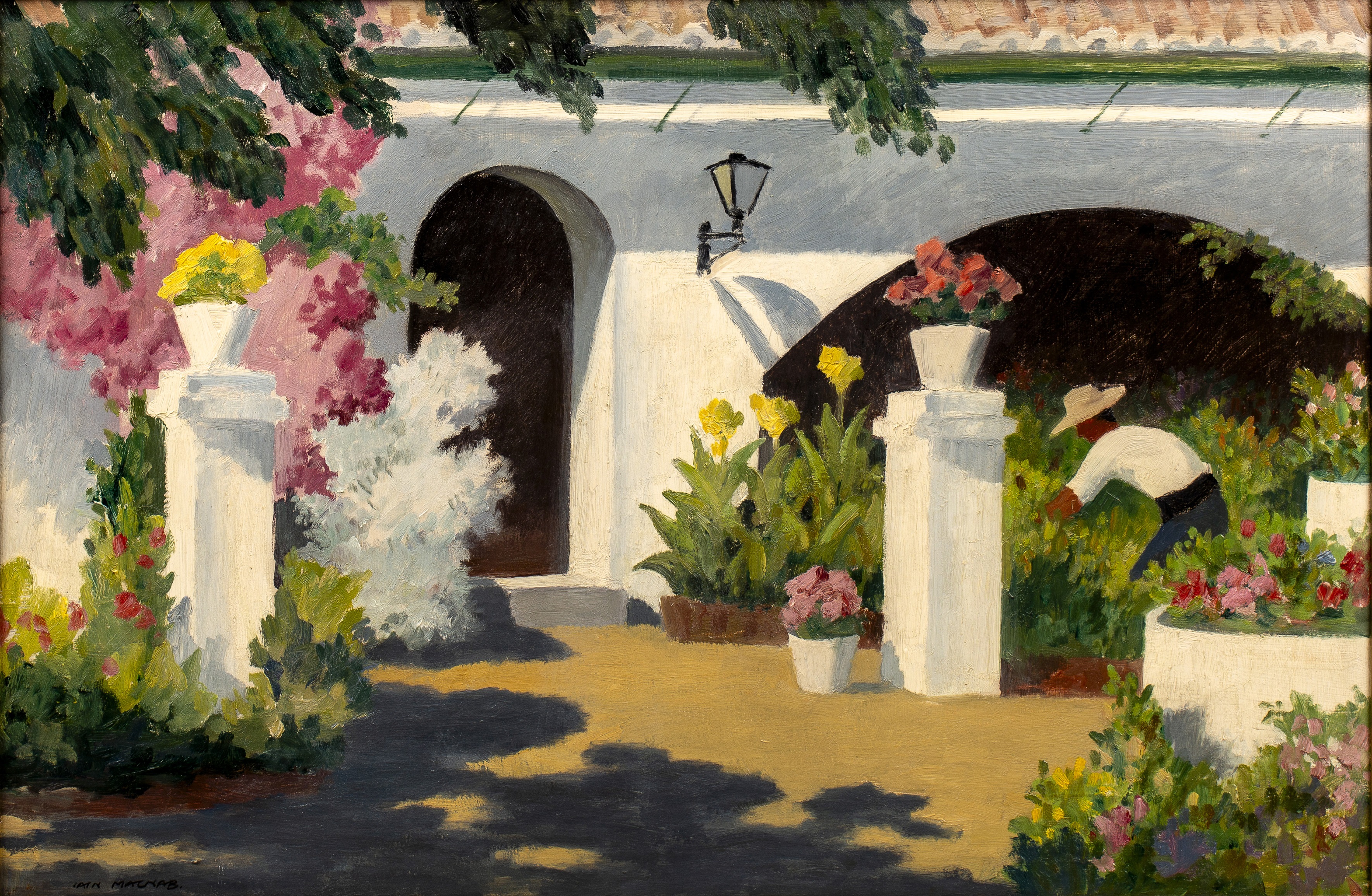 Iain Macnab (1890-1967) A Mallorcan Garden signed (lower left) oil on board 50 x 75cm.