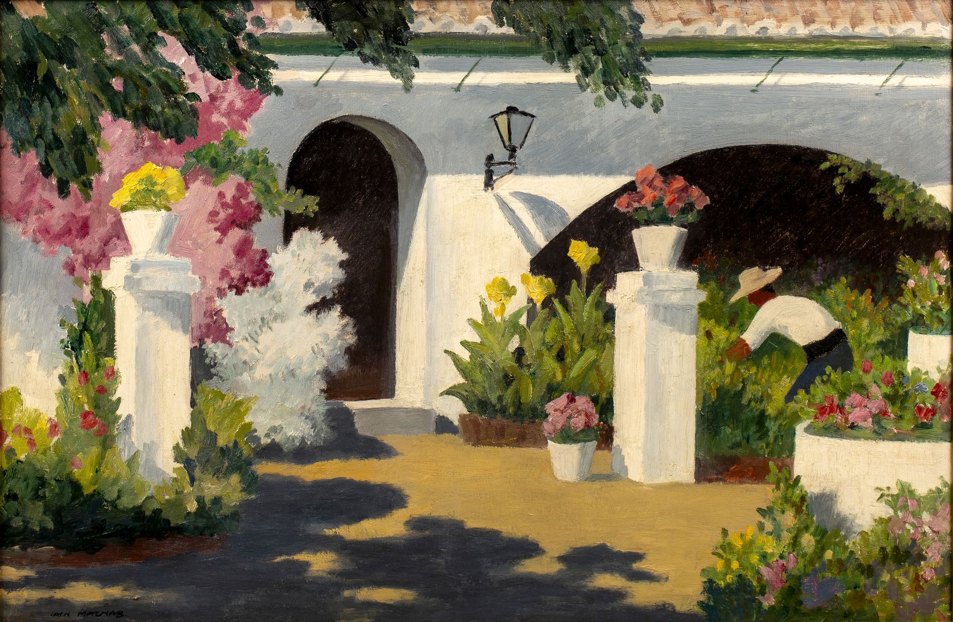 Iain Macnab (1890-1967) A Mallorcan Garden signed (lower left) oil on board 50 x 75cm.