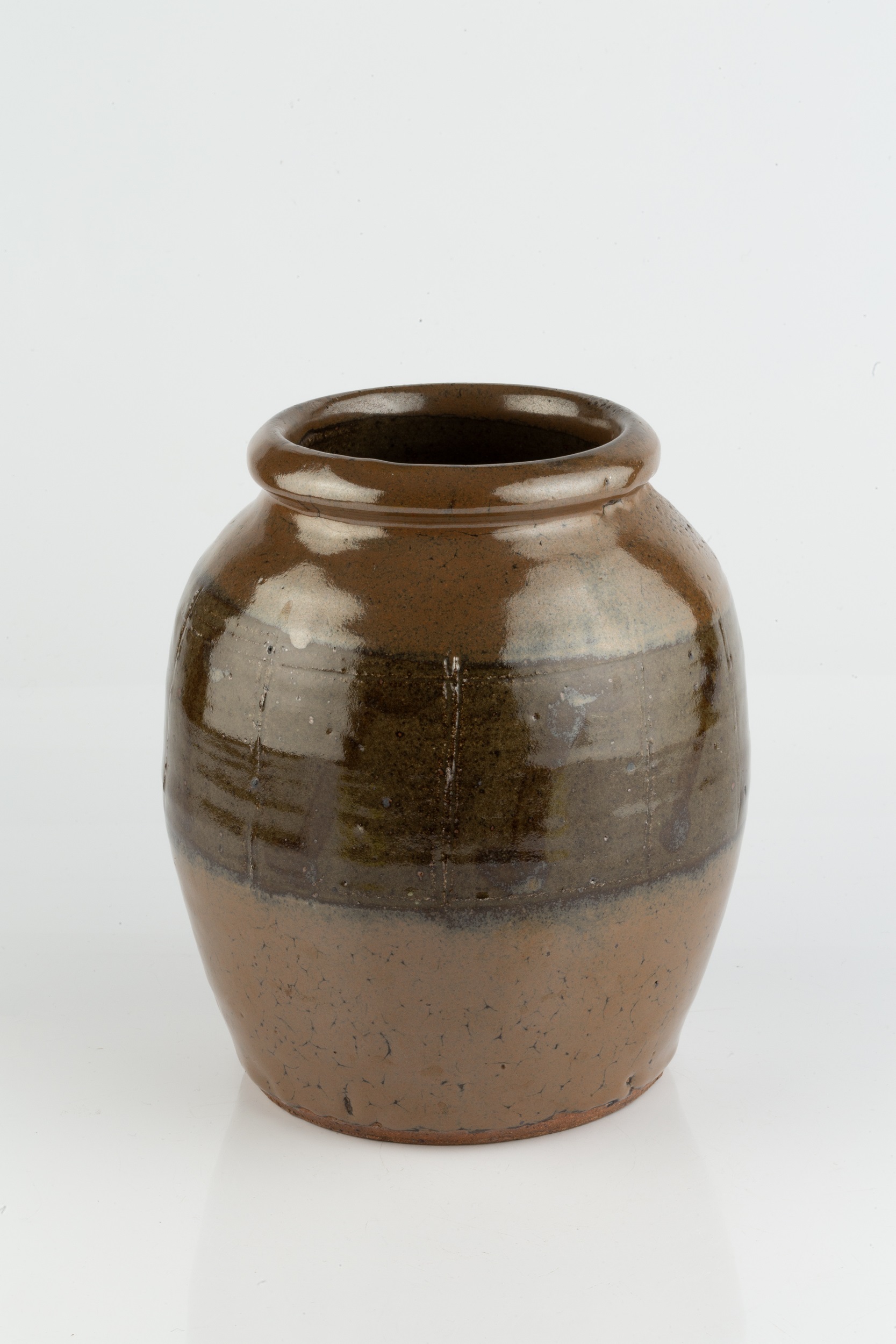Leach Pottery Vase stoneware, the green and brown glaze with brushwork lines impressed potter's seal - Image 2 of 3