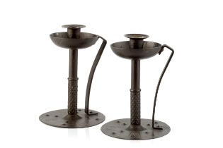 Hugo Berger for Goberg A pair of Arts & Crafts candlesticks, circa 1910 wrought iron impressed marks