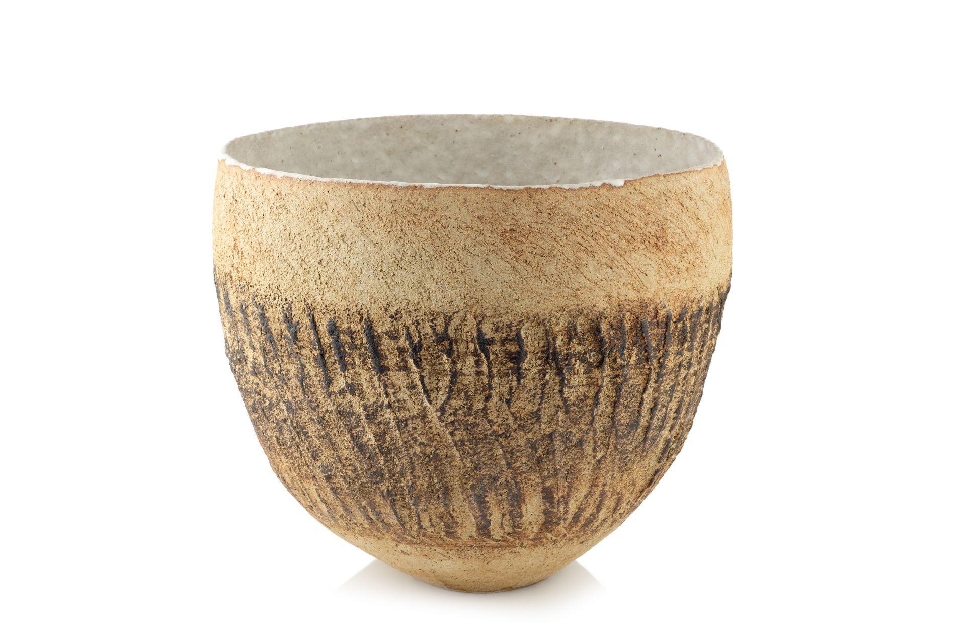 Betty Blandino (1927-2011) Vessel with textured glaze having dark inclusions impressed potter's seal