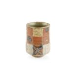 Sarah Walton (b.1945) Yunomi stoneware, with chequered design and salt glaze impressed potter's seal