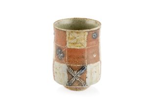 Sarah Walton (b.1945) Yunomi stoneware, with chequered design and salt glaze impressed potter's seal