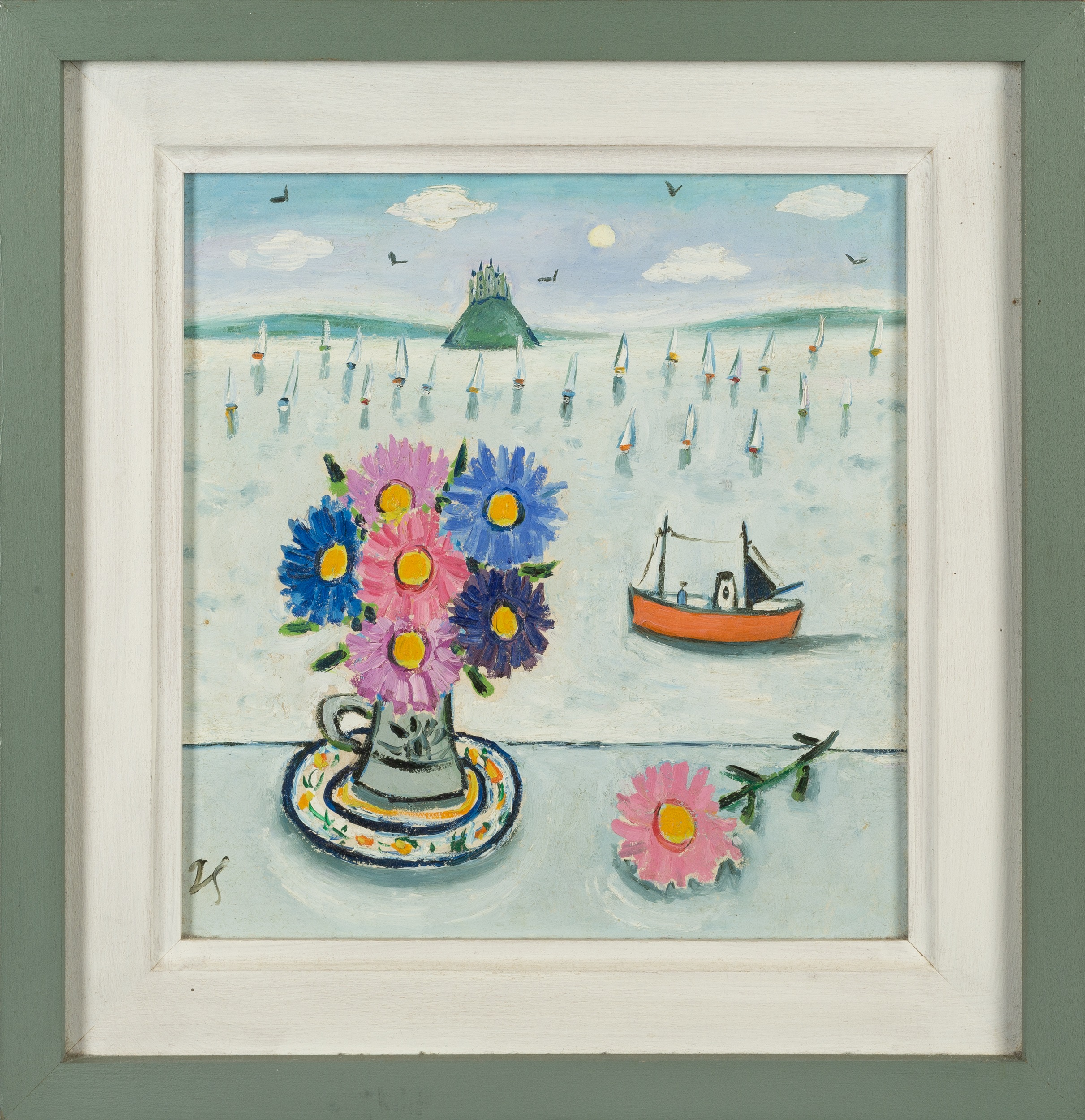Joan Gillchrest (1918-2008) Flowers on a Shelf with St Michael's Mount in the Background signed with - Image 2 of 3