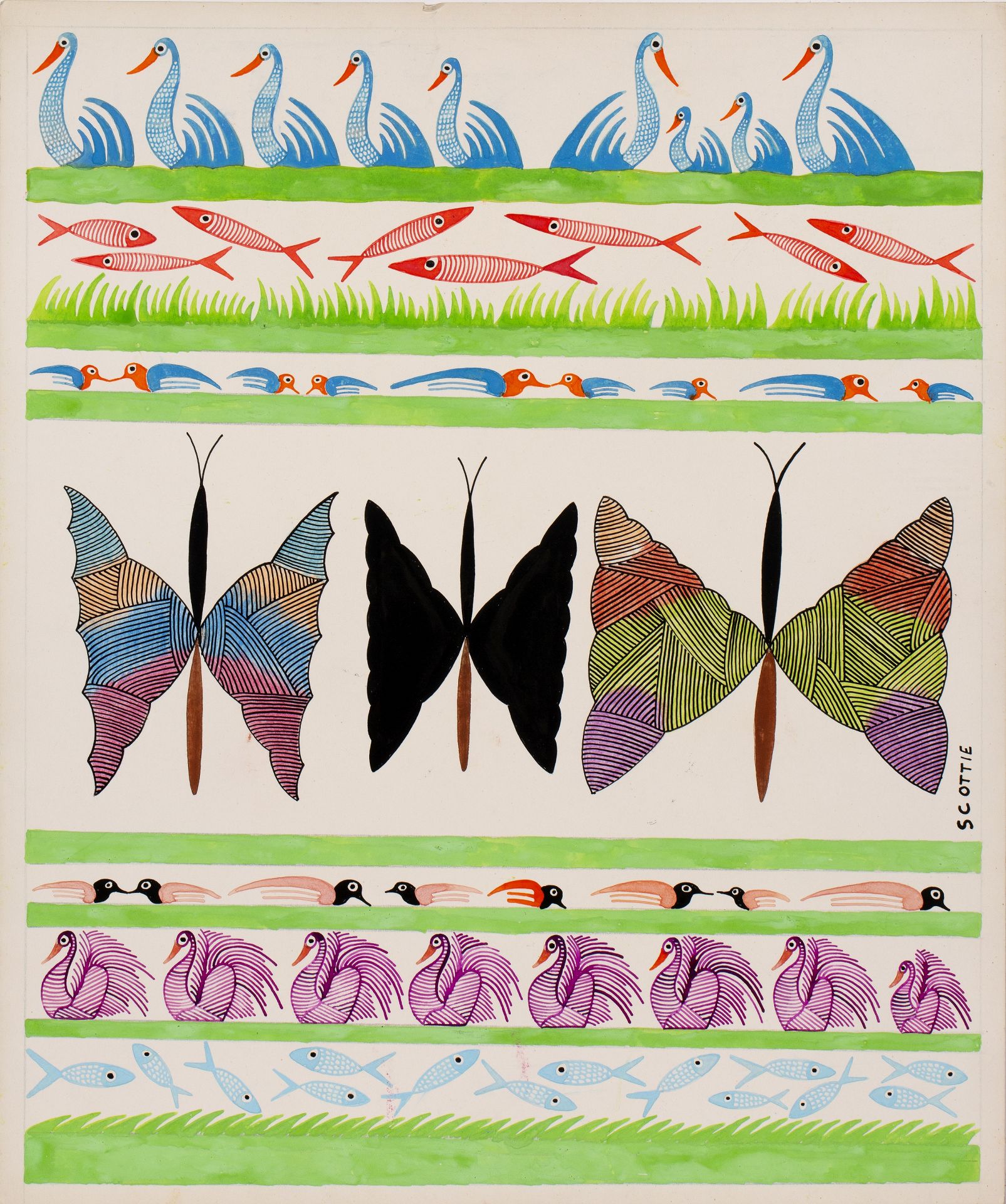 Scottie Wilson (1888-1972) Three similar untitled works depicting rows of butterflies, birds, and - Bild 2 aus 3