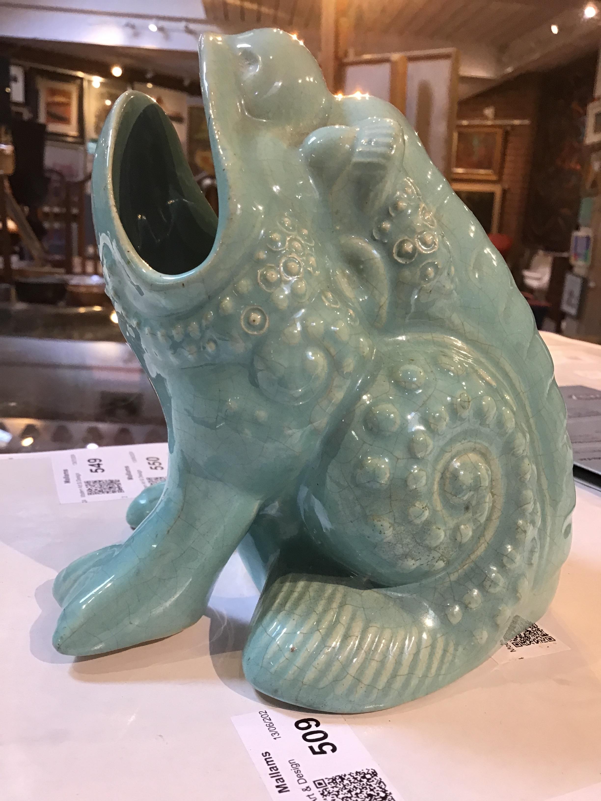 Burmantofts Faience Spoon warmer turquoise glaze impressed marks 13cm high. Crazing throughout. - Image 11 of 13