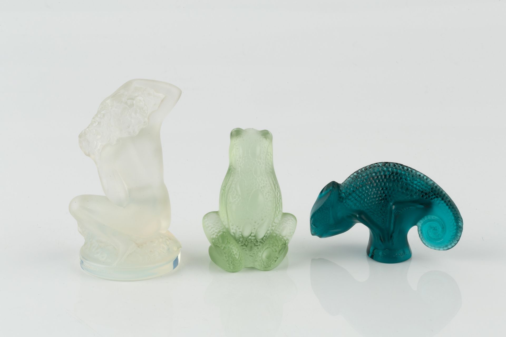 Lalique, France Three glass models a lady, a frog, and a chameleon etched marks the lady 8.5cm - Image 2 of 2