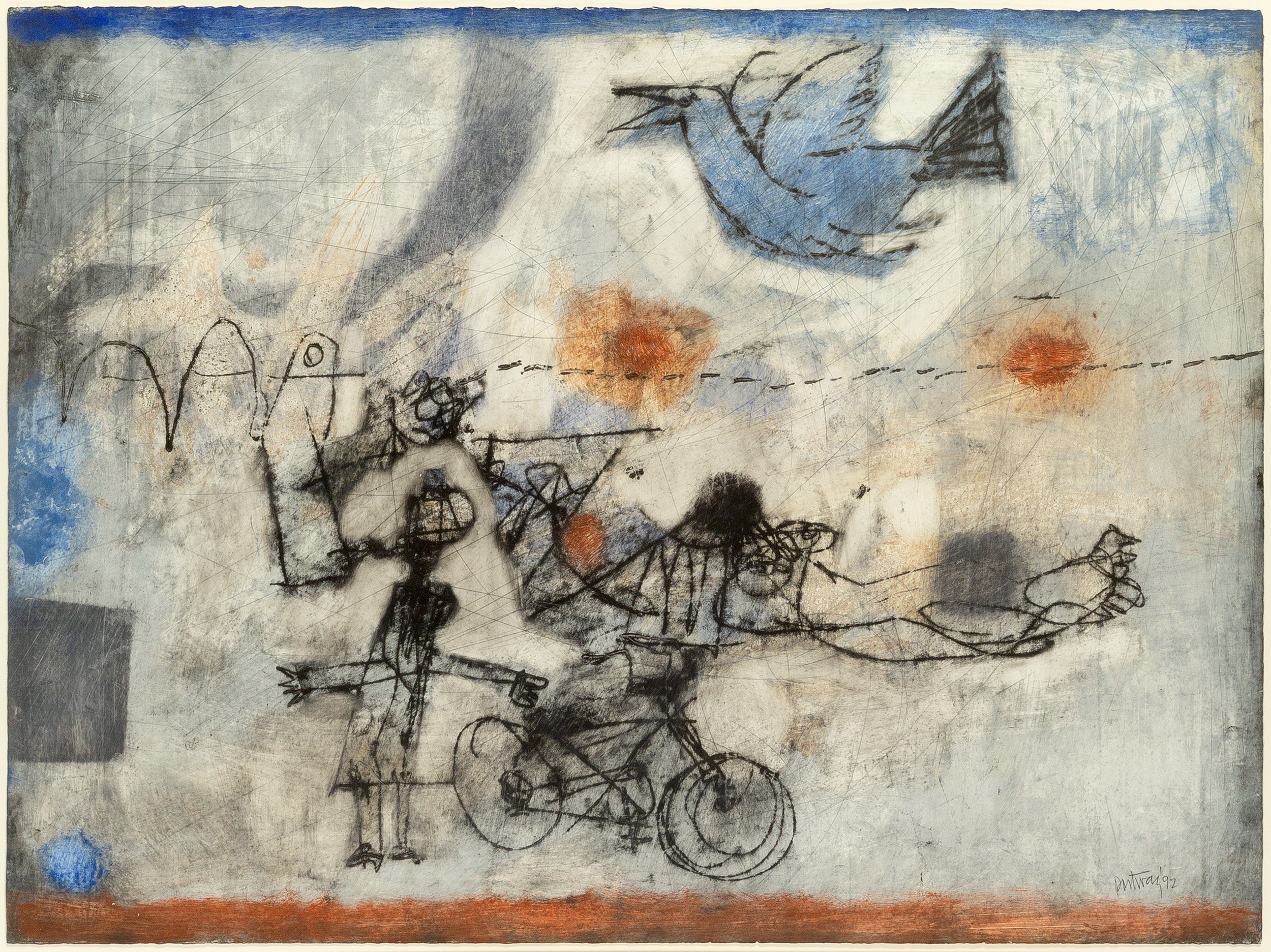 Douglas Portway (1923-1993) Bird and Cyclist, 1992 signed and dated (lower right) mixed media 57 x