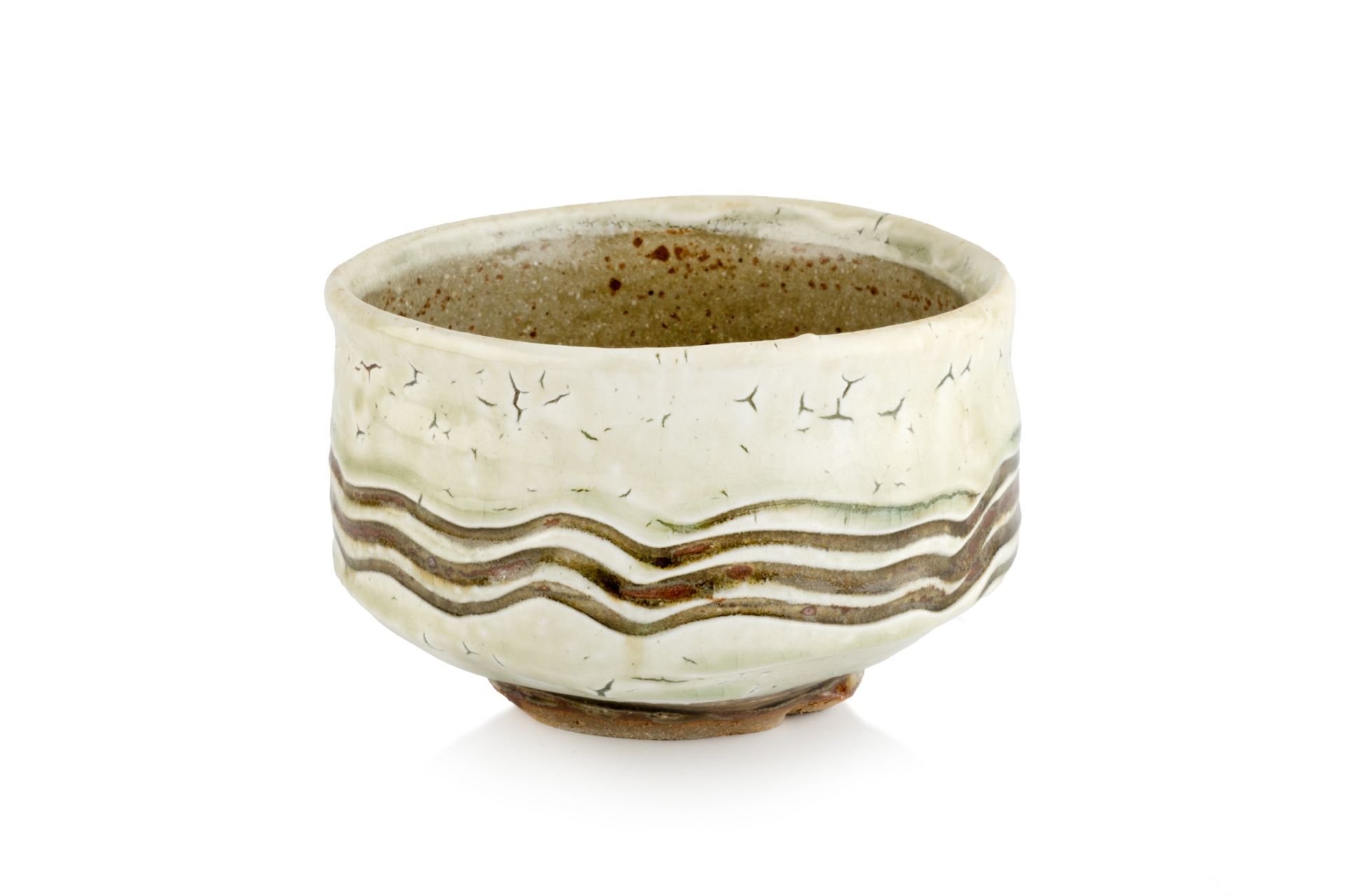 Mike Dodd (b.1943) Footed bowl stoneware with green glaze and horizontal lines impressed potter's