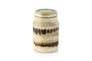 Ian Godfrey (1942-1992) Pot and cover bands of light and dark glaze, the lid with turquoise