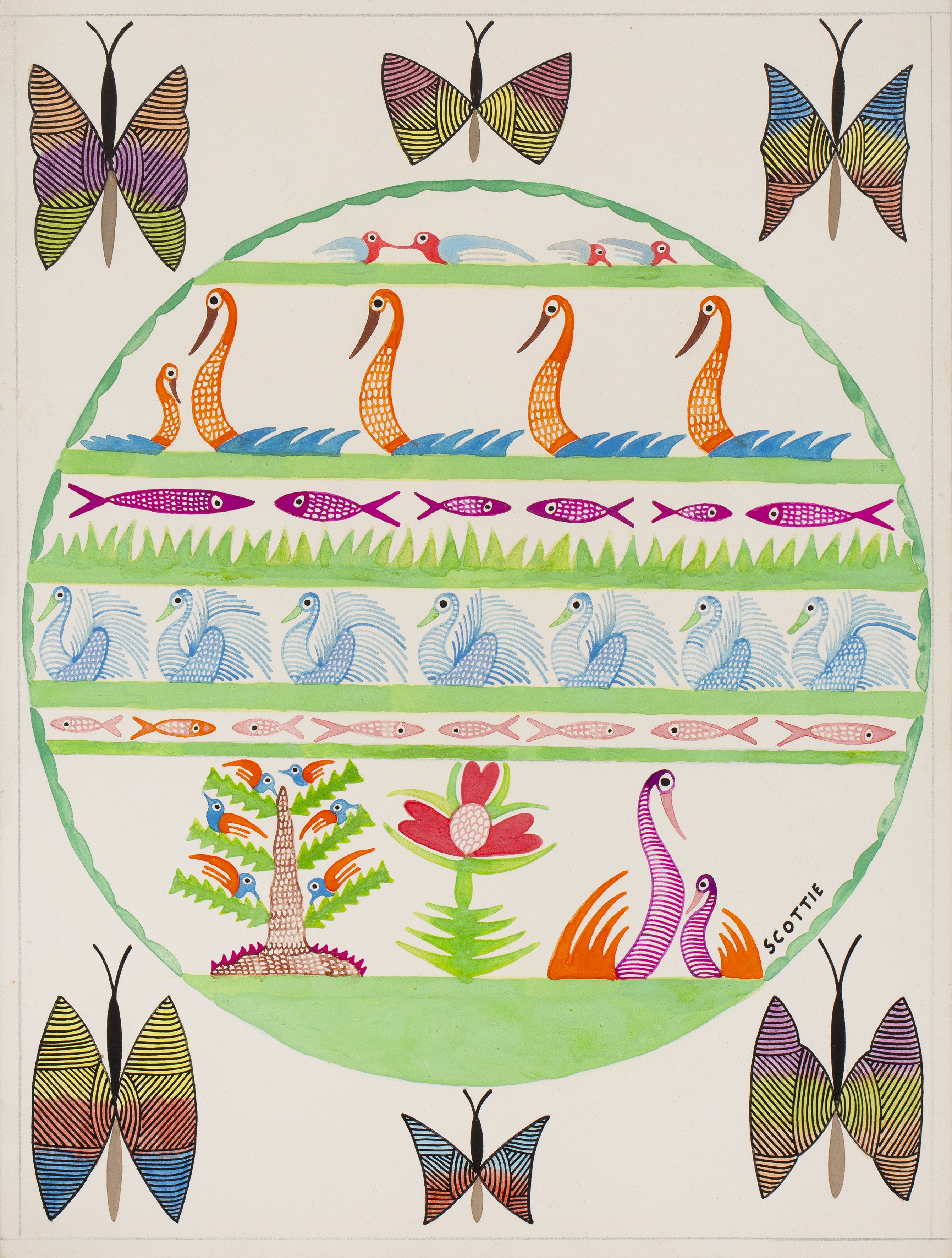 Scottie Wilson (1888-1972) Untitled pair depicting birds and fish within a border of six butterfly
