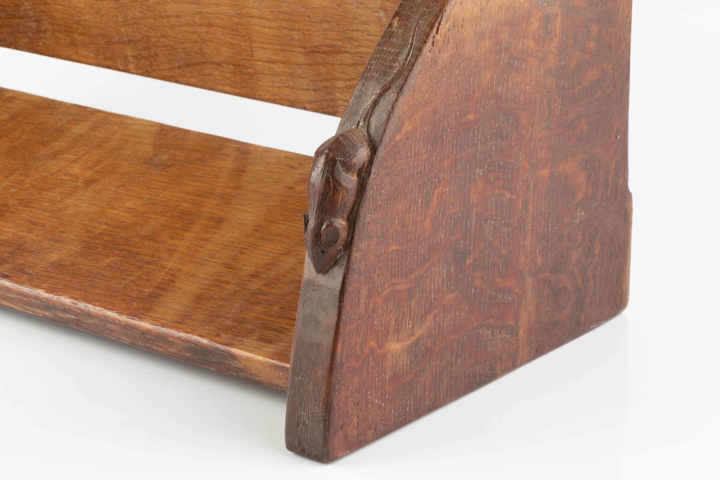 Robert Thompson of Kilburn (1876-1955) Mouseman book trough, circa 1940 oak carved mouse signature - Image 2 of 6