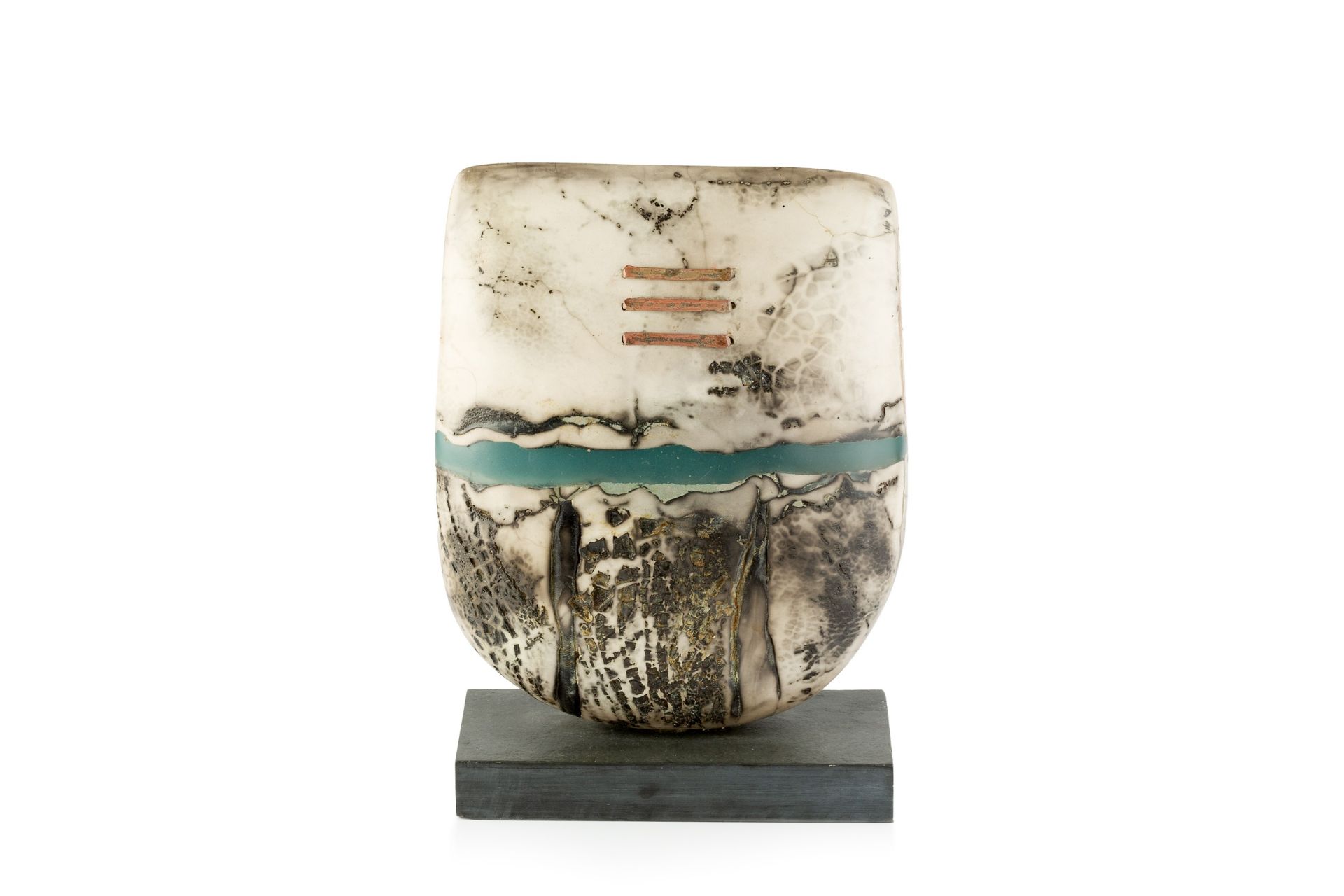 Peter Hayes (b.1946) Bow form with staples raku signed 32cm high.