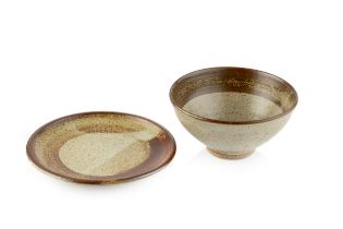Gwyn Hanssen Pigott (1935-2013) at Wenford Bridge Bowl and stand oatmeal glaze both with impressed