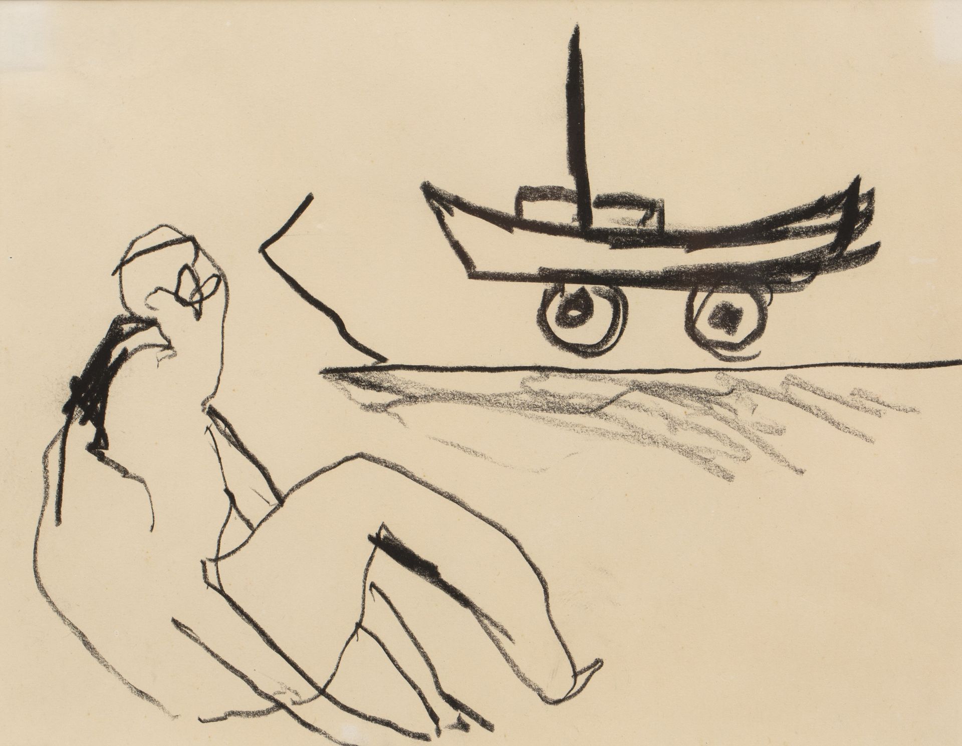 Roger Hilton (1911-1975) Man and Boat, circa 1974 charcoal on paper 17 x 22cm. Provenance: The