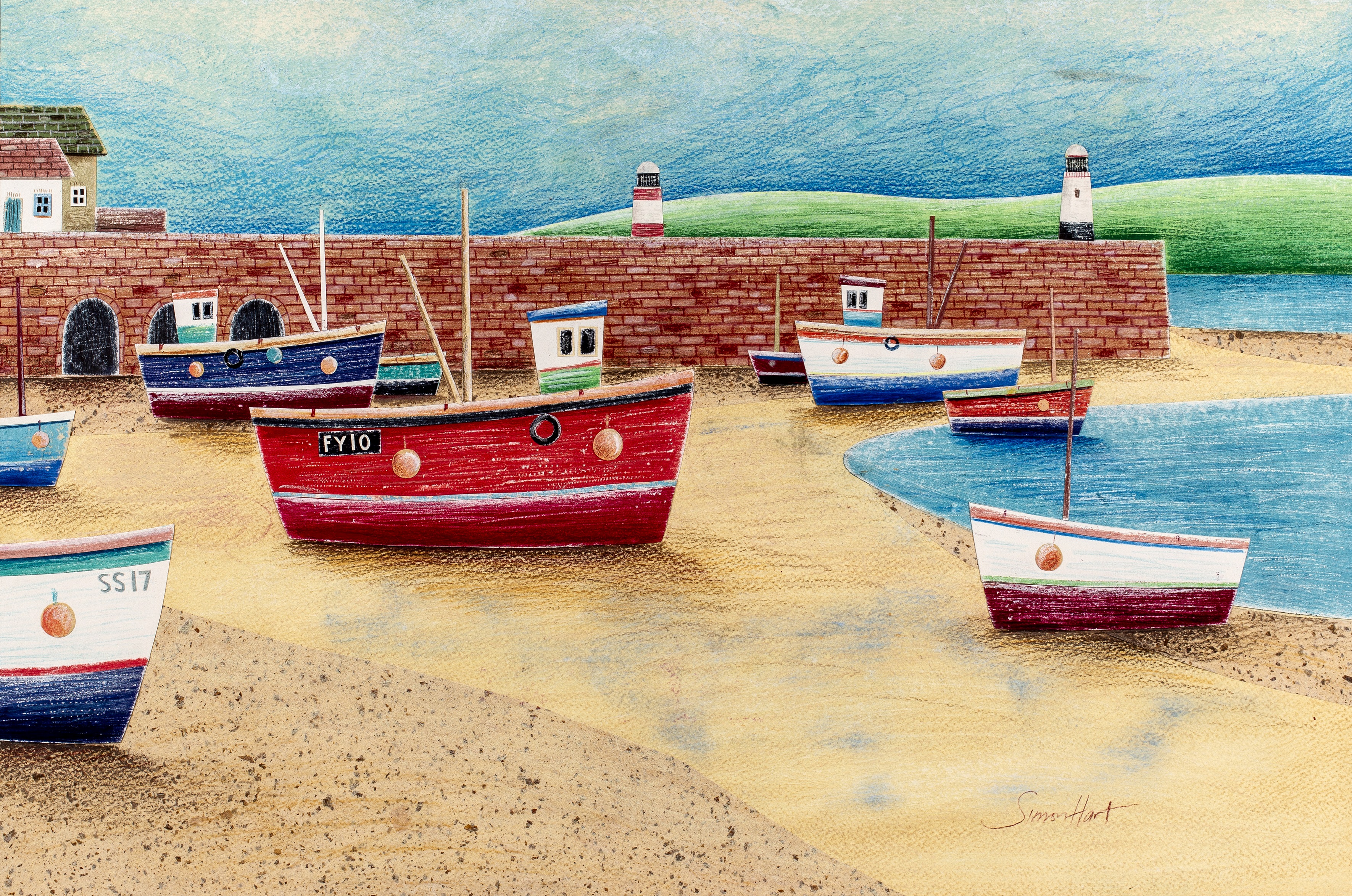 Simon Hart (b.1969) Boats on the Beach signed (lower right) mixed media with collage 42 x 63cm;