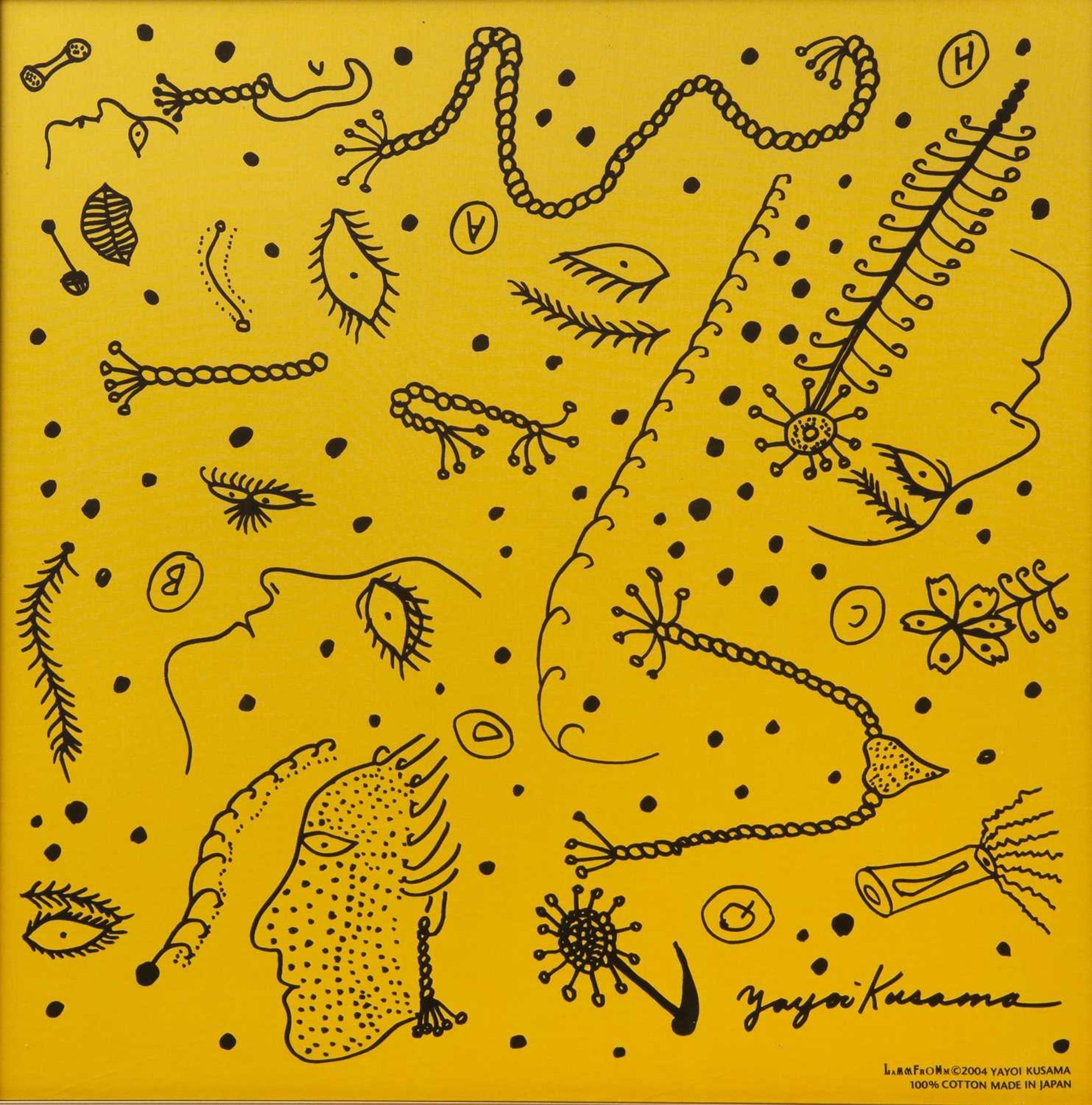 Yayoi Kusama (b.1929) Faces (Yellow), 2004 screenprinted fabric 51 x 51cm.