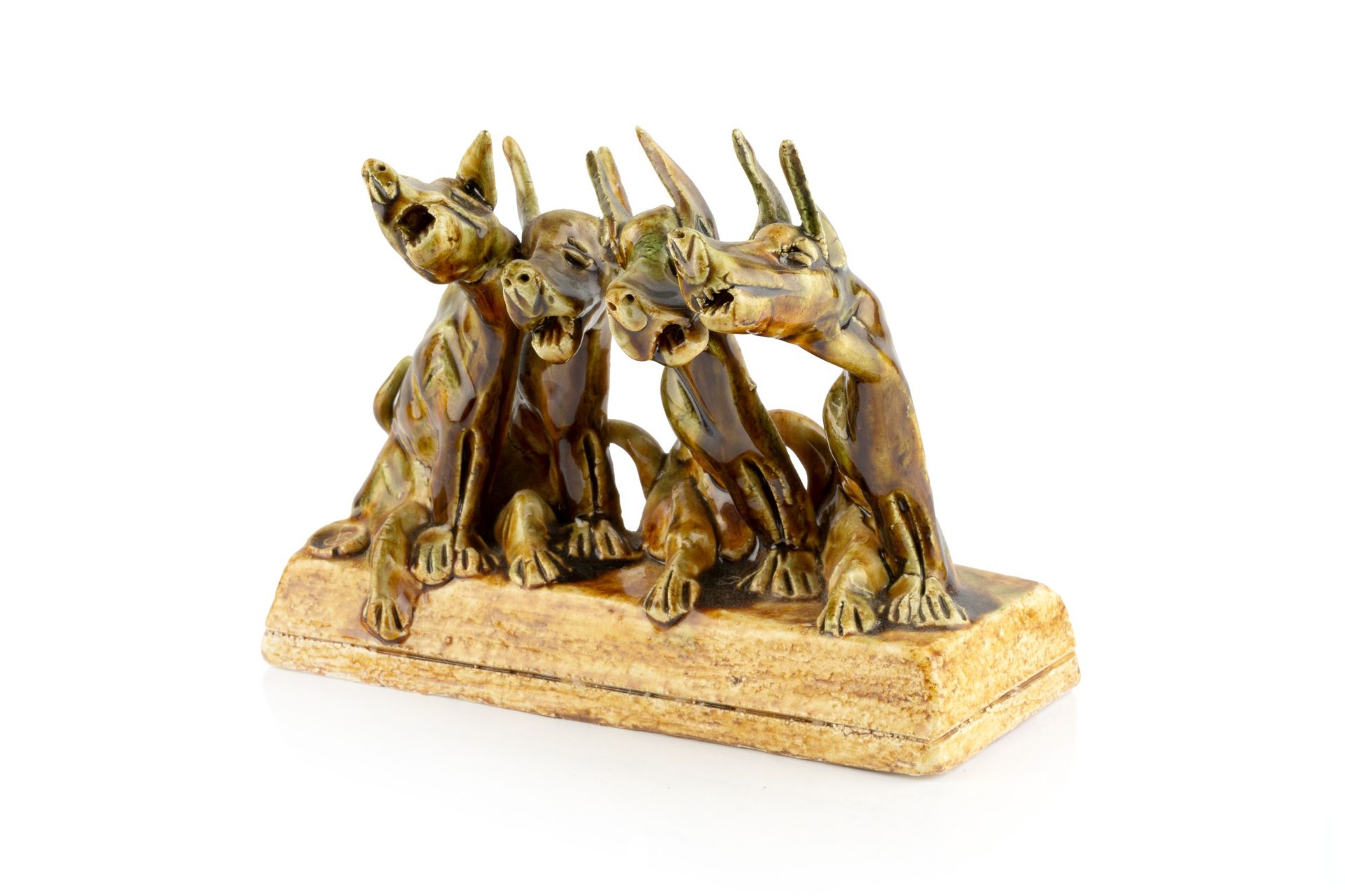 Ian Gregory (1942-2021) Four Dogs Howling impressed potter's seal 15cm high, 20cm wide.
