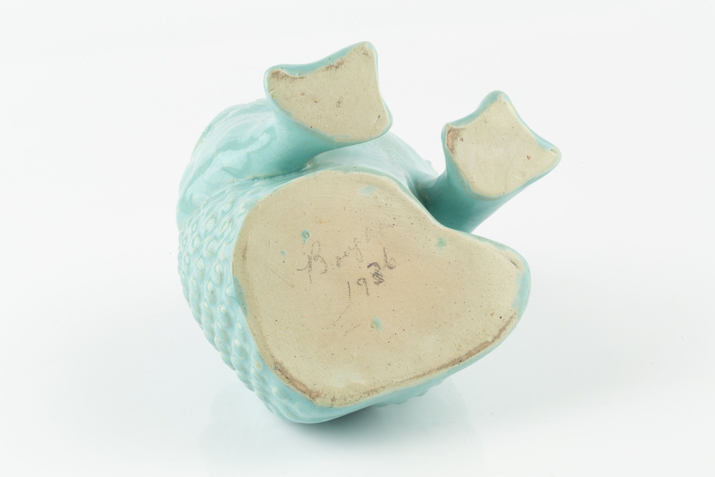 Burmantofts Faience Spoon warmer turquoise glaze impressed marks 13cm high. Crazing throughout. - Image 3 of 13