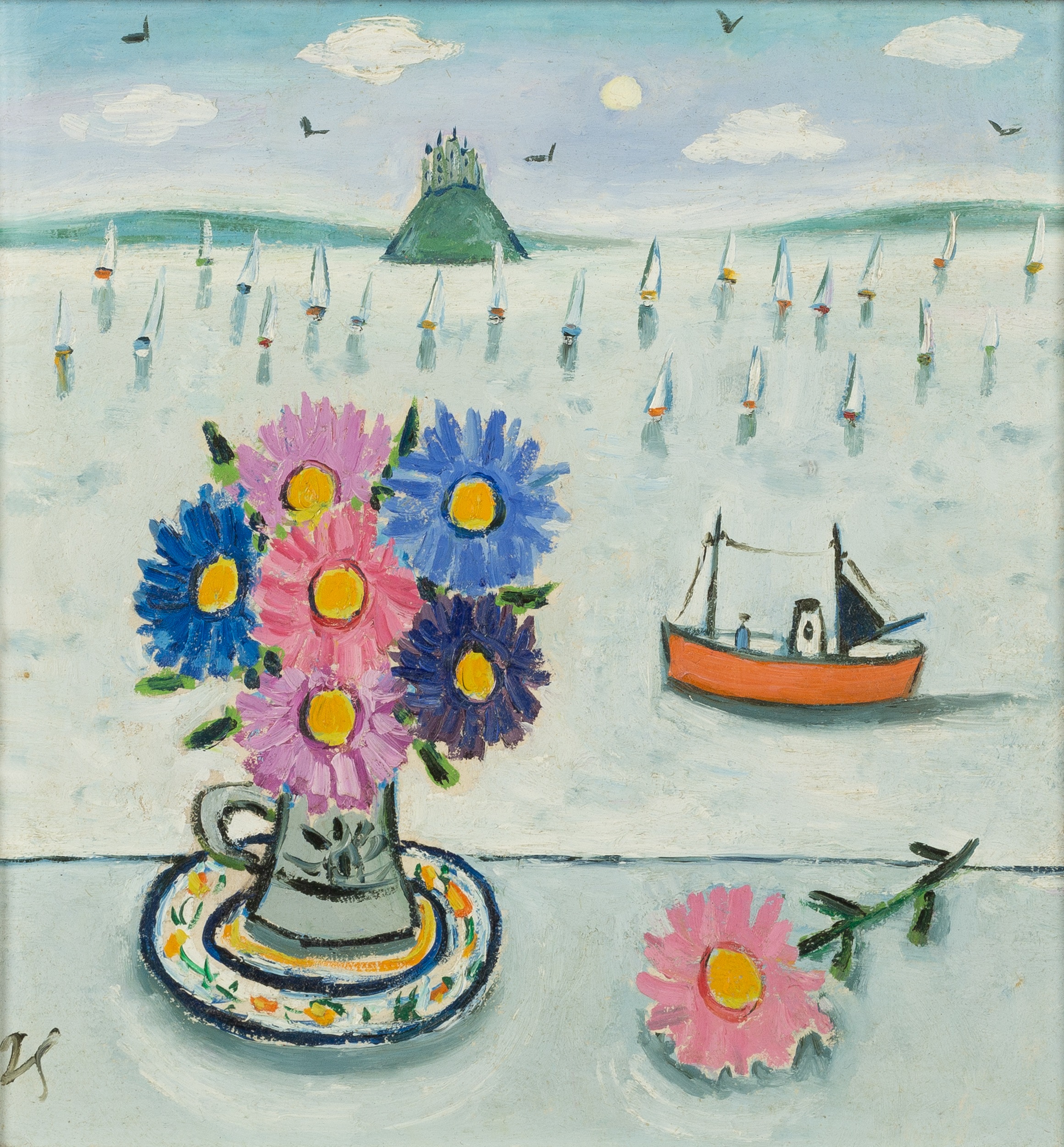 Joan Gillchrest (1918-2008) Flowers on a Shelf with St Michael's Mount in the Background signed with