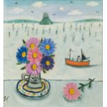 Joan Gillchrest (1918-2008) Flowers on a Shelf with St Michael's Mount in the Background signed with