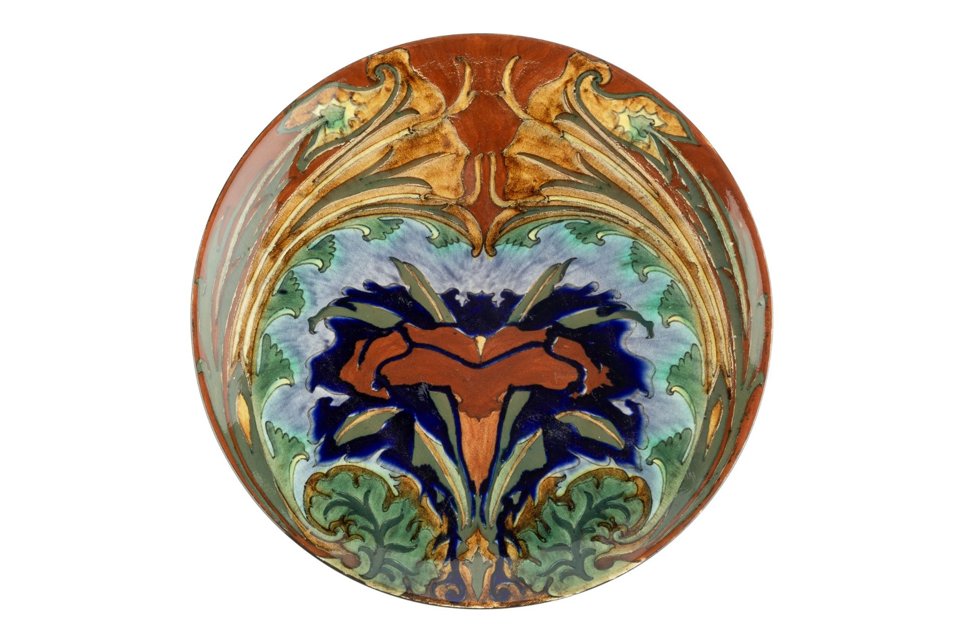 Samuel Schellink (1876-1958) for Rozenburg Art Nouveau pottery plate painted with stylised flower