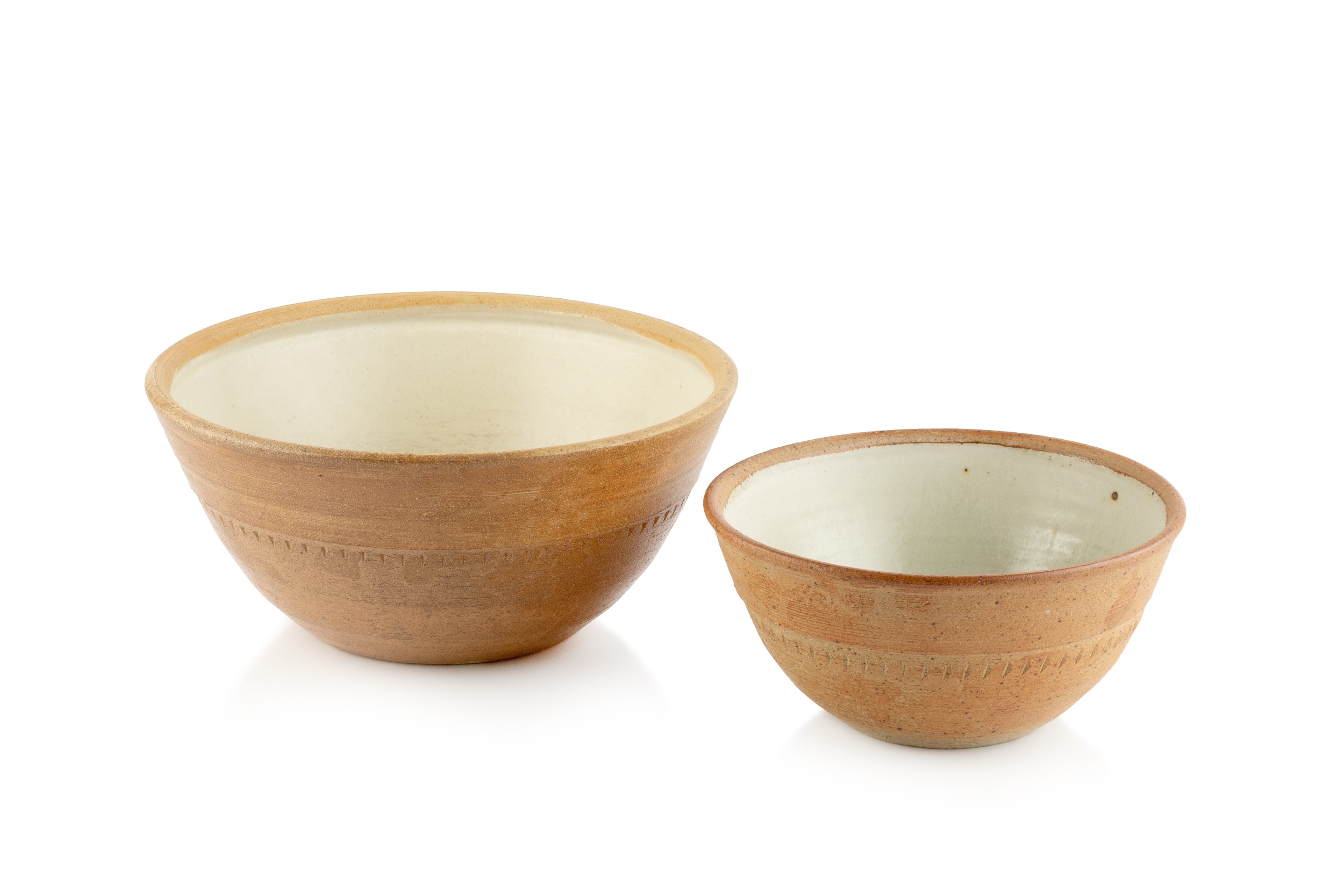 Richard Batterham (1936-2021) Two mixing bowls stoneware, the interiors with green ash glaze 28cm