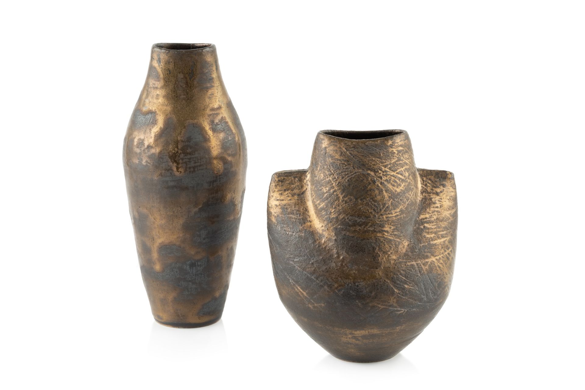 Chris Carter (b.1945) Spade form vessel bronze glaze impressed potter's seal 14cm high; and