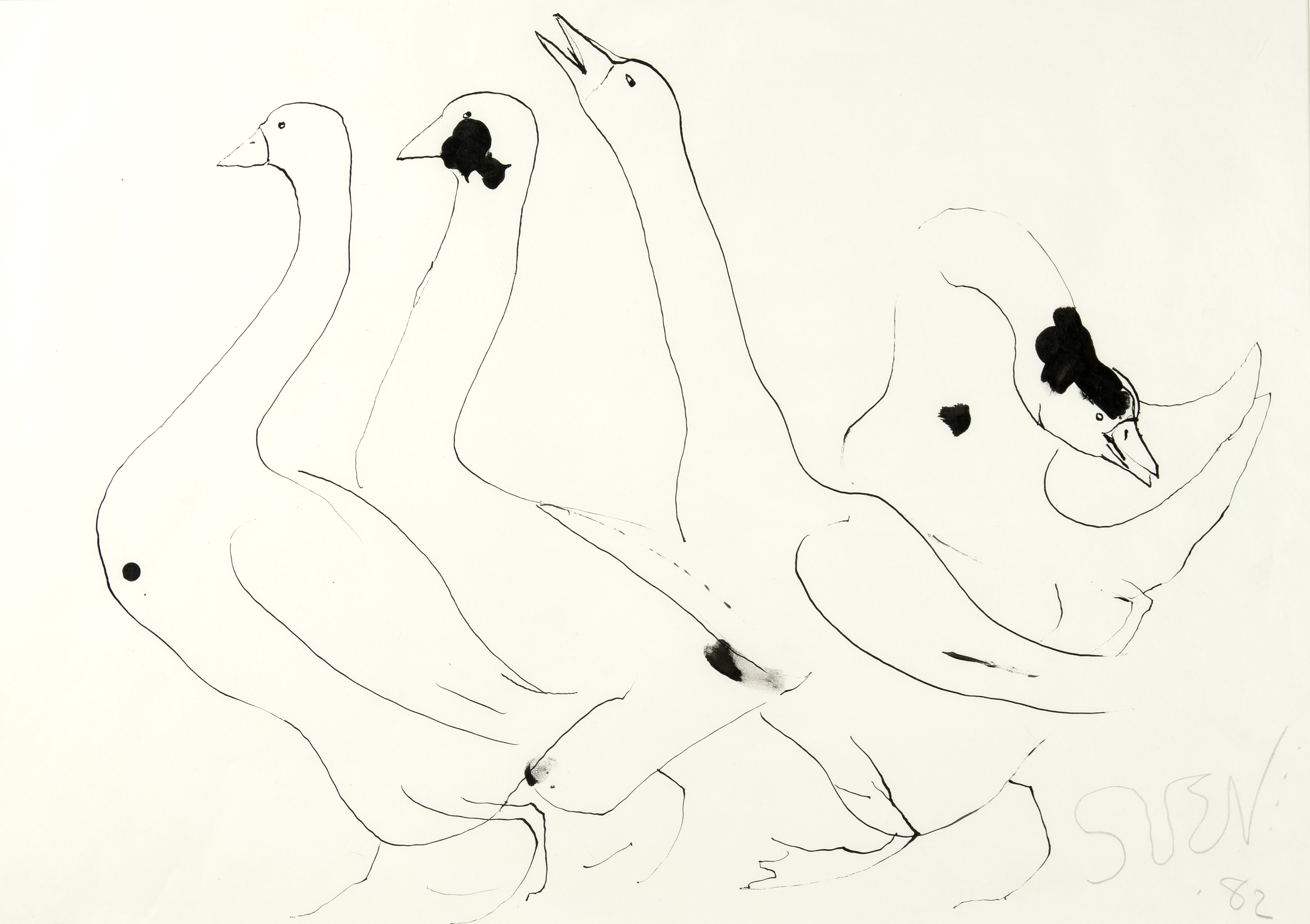 Sven Berlin (1911-1999) Four Geese, 1982 signed and dated in pencil (lower right) pen and ink 38 x