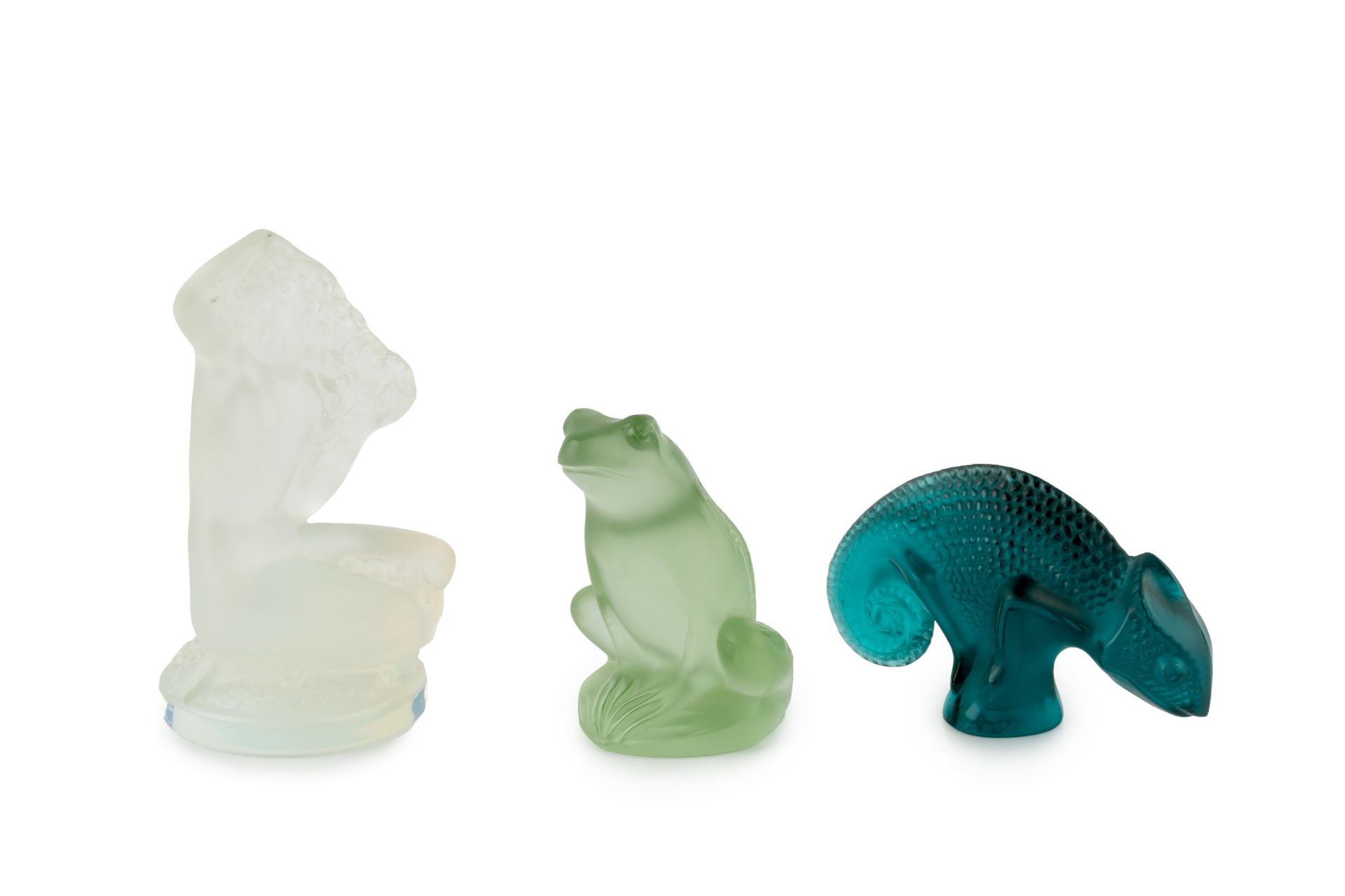 Lalique, France Three glass models a lady, a frog, and a chameleon etched marks the lady 8.5cm