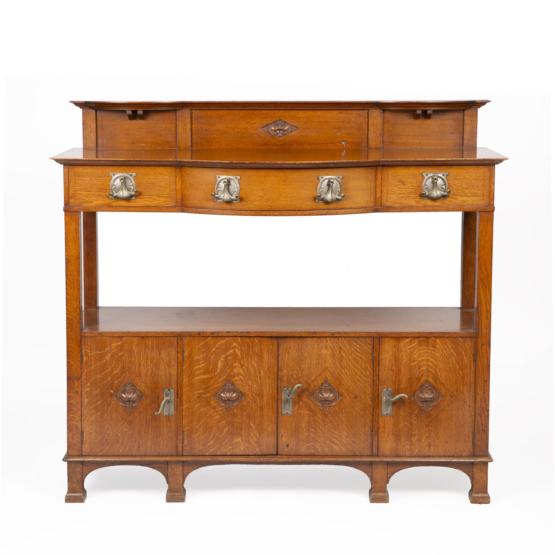 Glasgow School Arts & Crafts side cabinet oak with stylised metal handles 22cm high, 37cm wide.