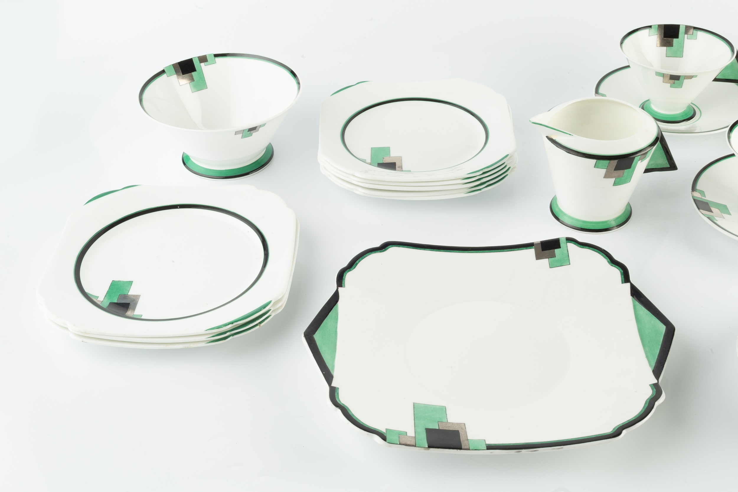 Eric Slater (1902-1984) for Shelley Art Deco tea service, circa 1930 Green Block pattern with - Image 2 of 4