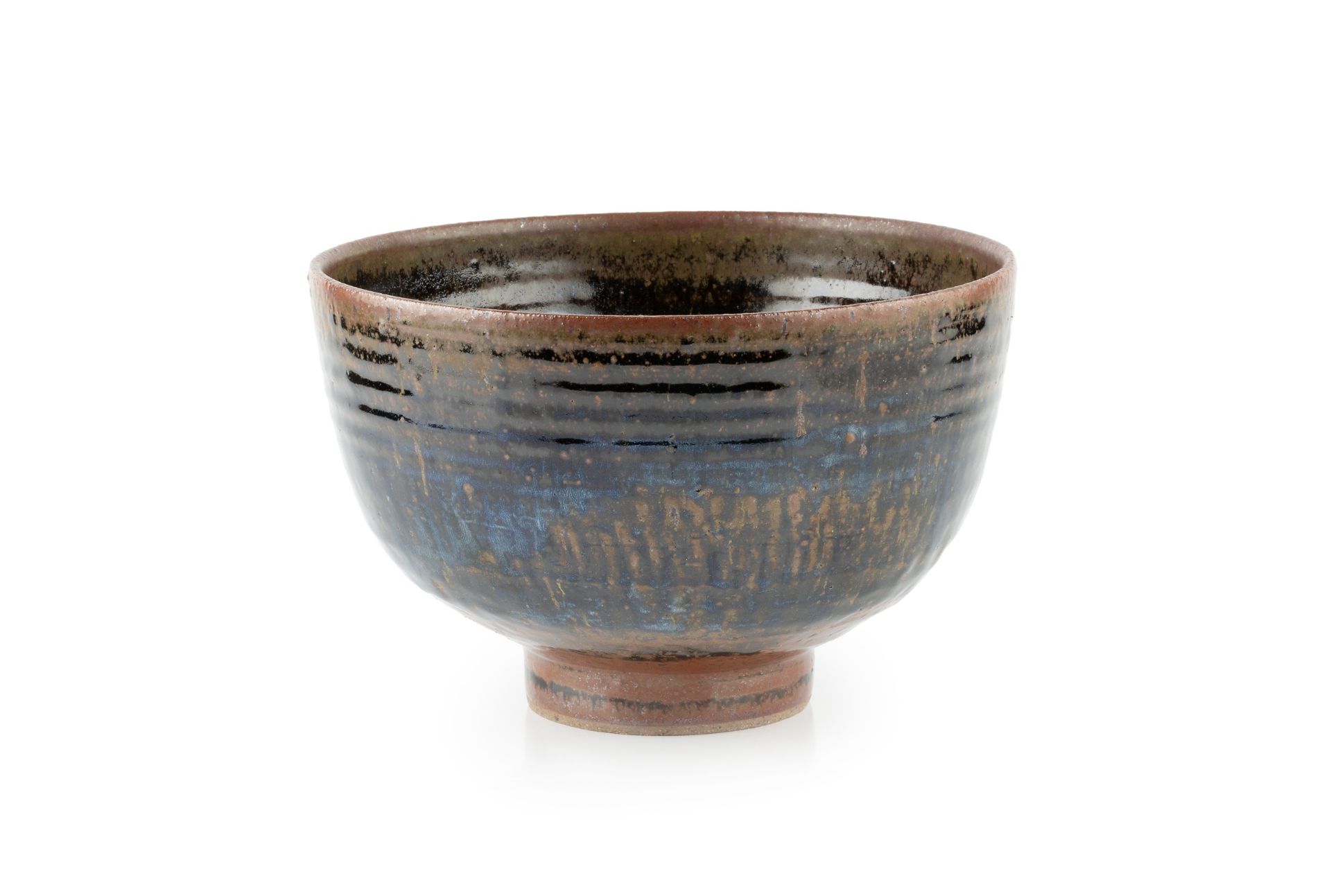 Len Hollman (20th Century) Footed bowl tenmoku impressed potter's seal 15cm high, 23cm diameter.