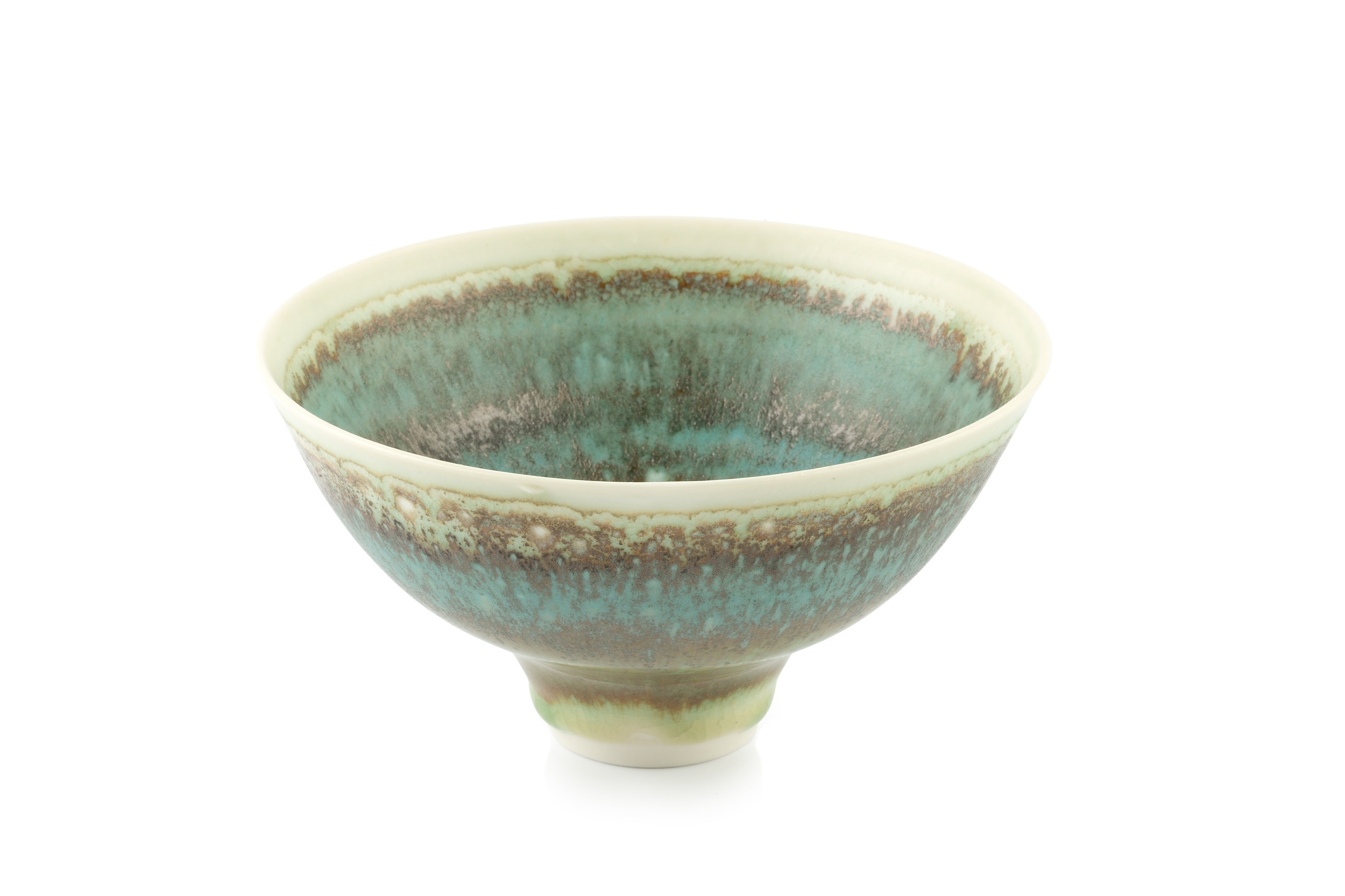 Peter Wills (b.1955) Footed bowl porcelain, with a flowing green, brown, and blue glaze signed and