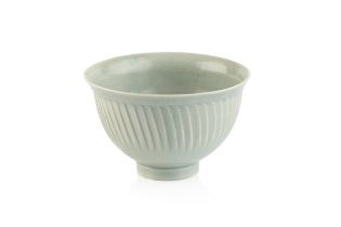 David Leach (1911-2005) at Lowerdown Pottery Bowl fluted sides, pale celadon glaze impressed