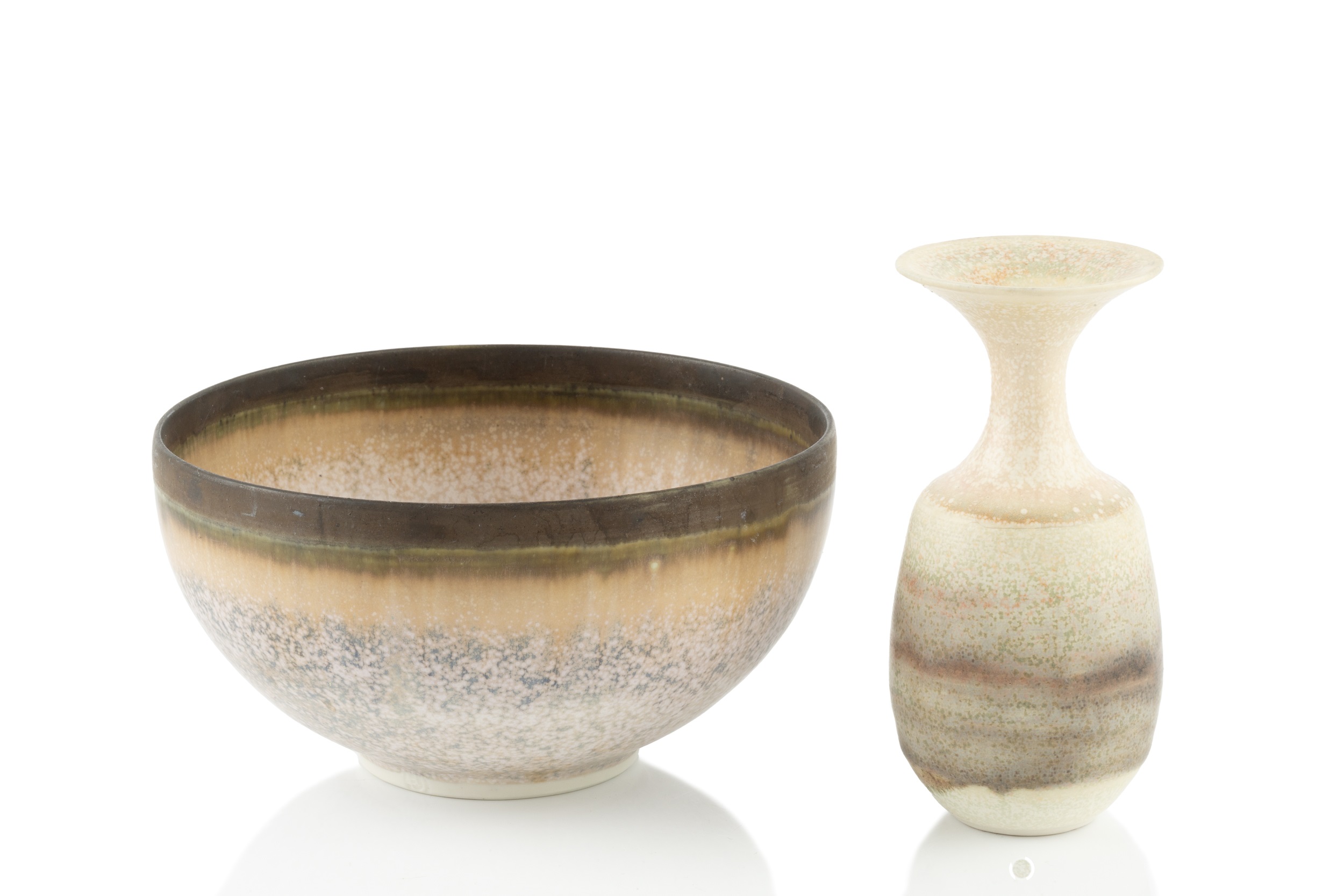 Hazel Johnston (1933-2011) Vase and bowl mottled cream glazes both with impressed potter's seal vase - Image 2 of 4