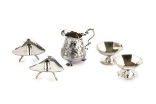 Harrow School of Art Two dishes and two candle stick holders, 1974 silver hallmarked for London