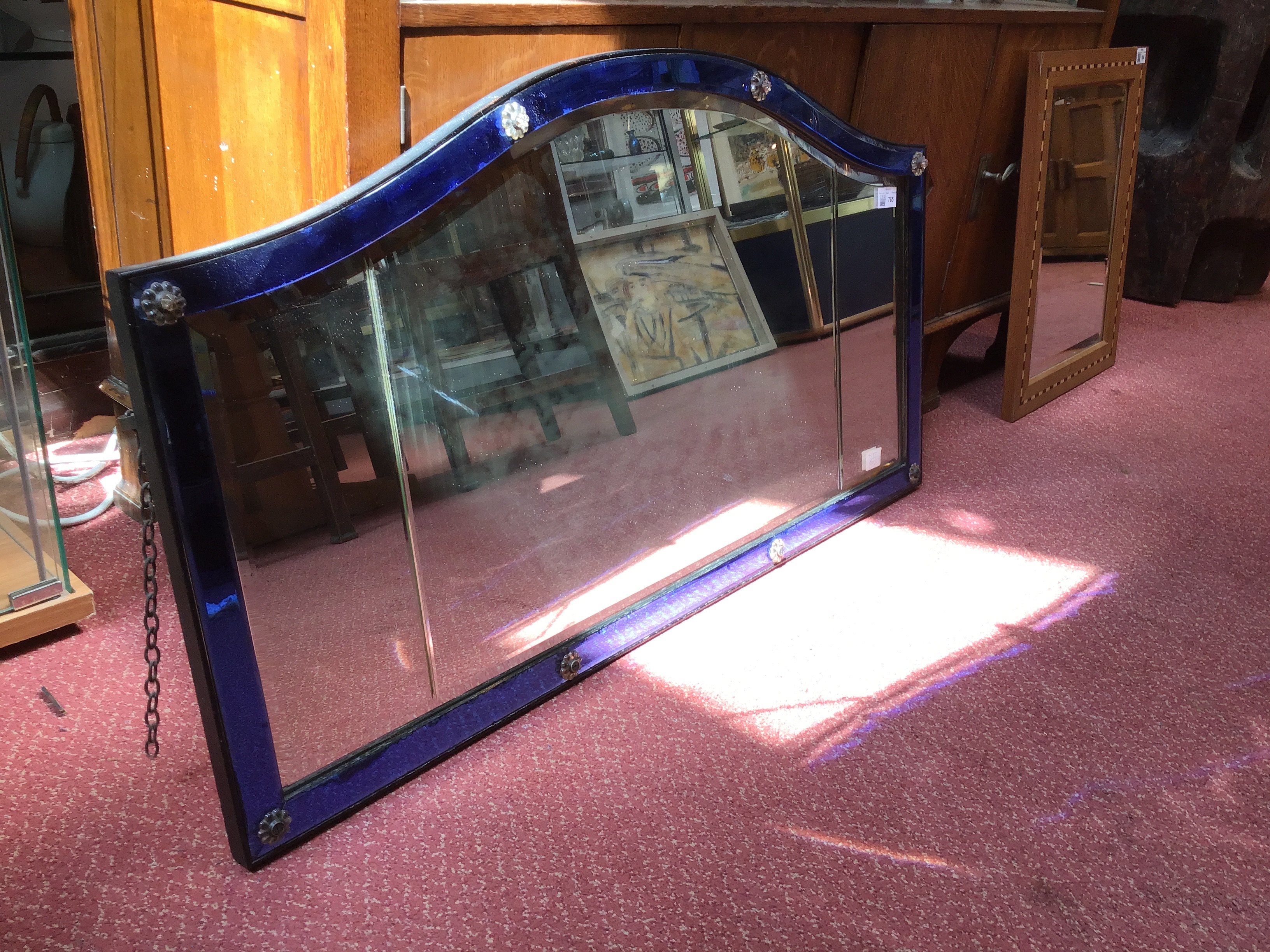 Art Deco Mirror, circa 1920 with blue glass border 51 x 121cm. There is glass in this. Length 91.5cm - Image 11 of 13