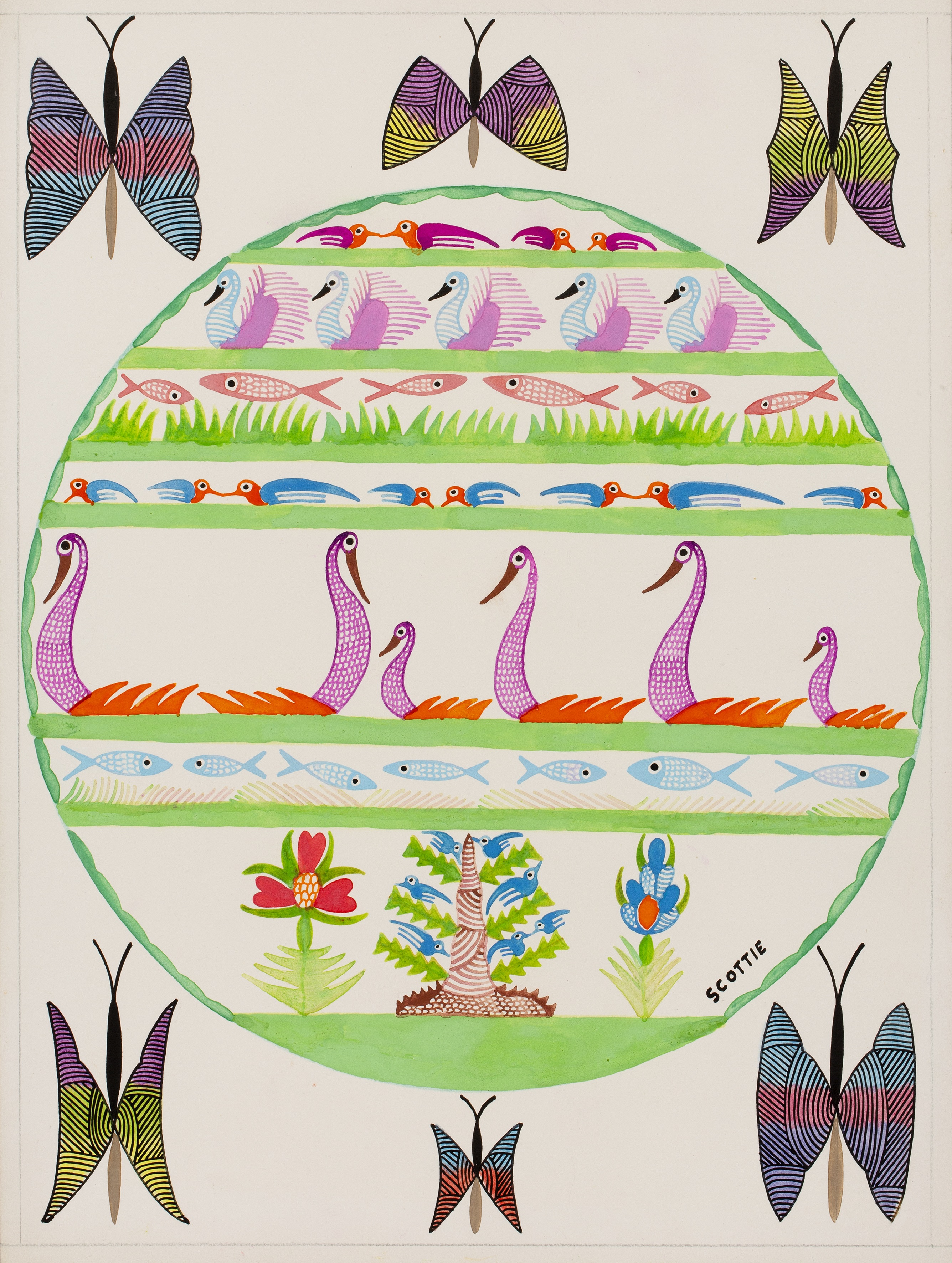 Scottie Wilson (1888-1972) Untitled pair depicting birds and fish within a border of six butterfly - Image 2 of 2