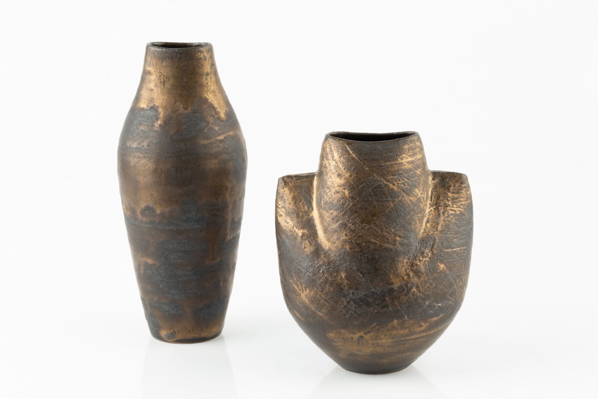 Chris Carter (b.1945) Spade form vessel bronze glaze impressed potter's seal 14cm high; and - Image 2 of 3