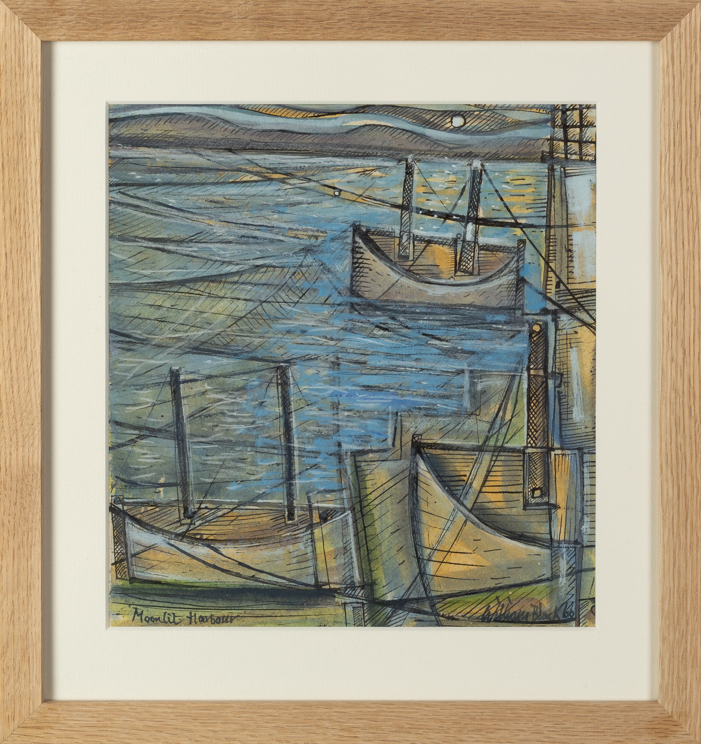 William Black (20th Century Cornish School) Moonlit Harbour, 1966 signed, dated, and titled ( - Image 2 of 3