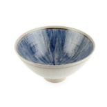 David Lloyd-Jones (1928-1994) Large footed bowl stoneware, with oatmeal glaze and blue lined pattern