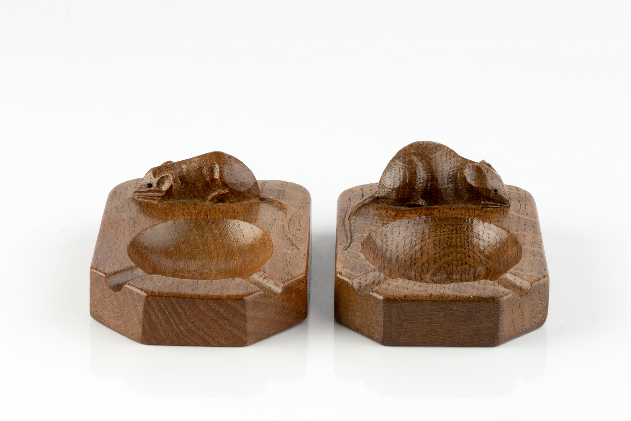 Robert Thompson of Kilburn (1876-1955) Pair of Mouseman ashtrays, circa 1960 oak carved mouse - Image 2 of 4