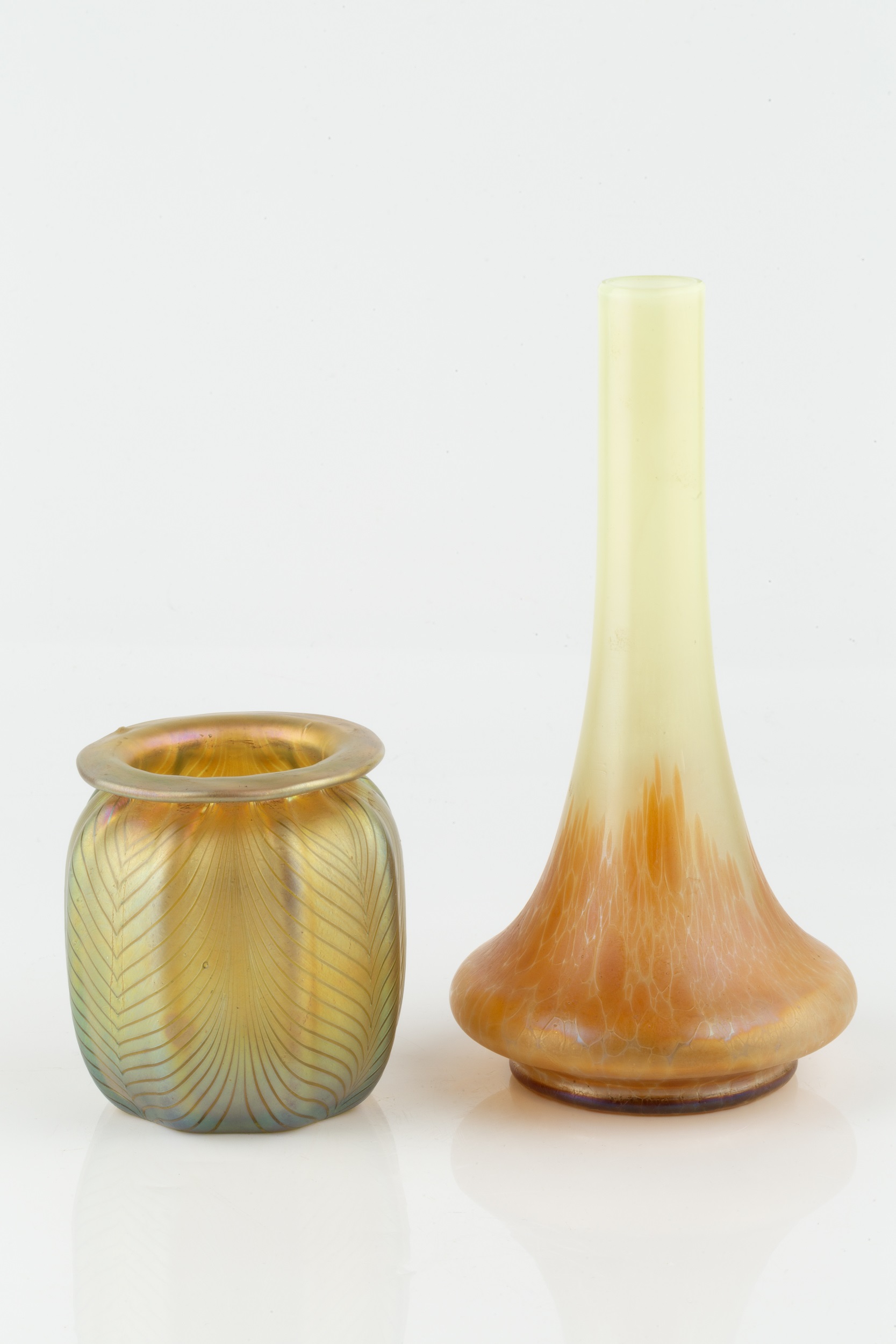 Manner of Tiffany Favrile-style glass vase etched 'L.F' 9cm high; and a similar glass bottle vase, - Image 2 of 3