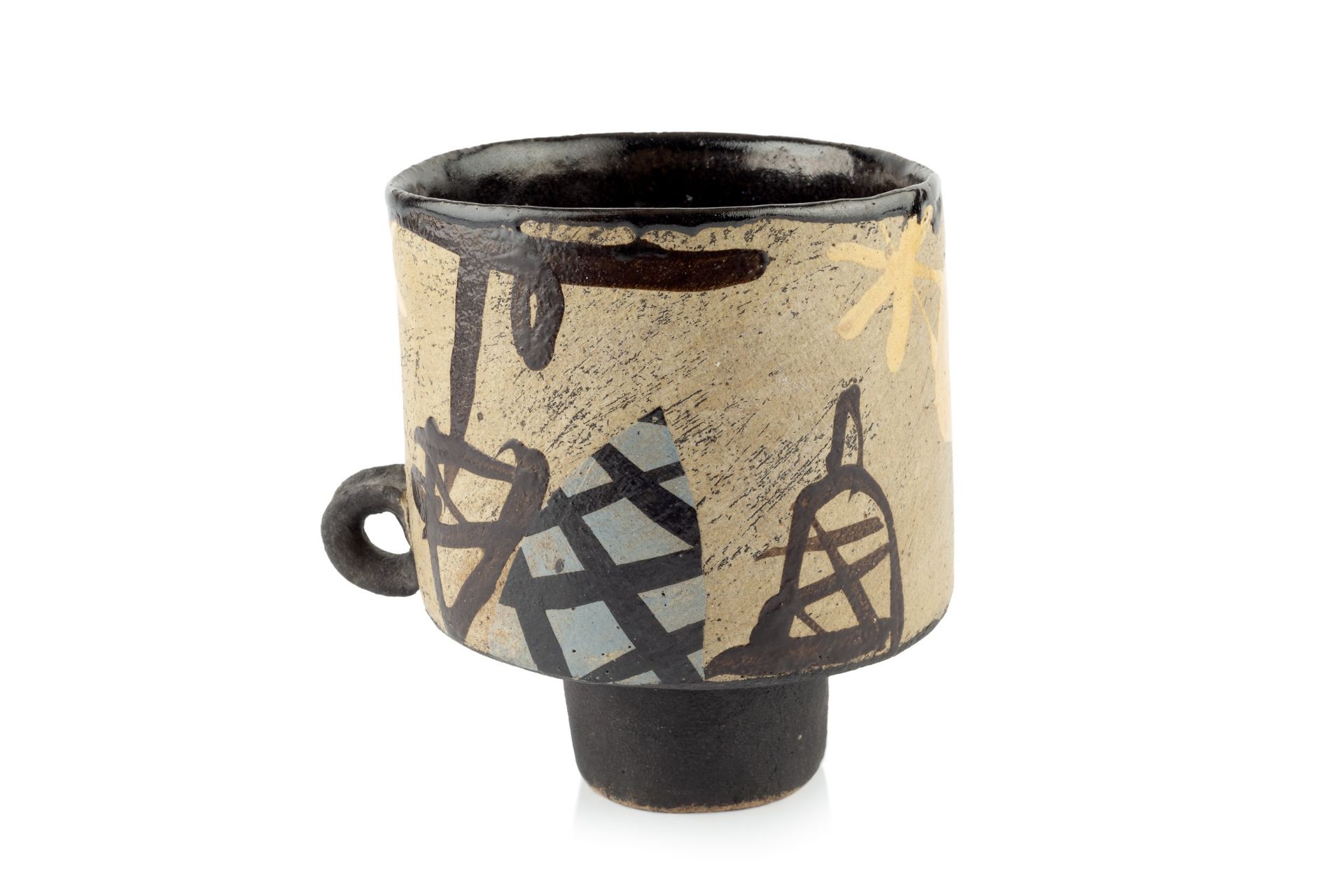 John Maltby (1936-2020) Cup form with handle decorated with abstract shapes signed 15cm high, 12.5cm