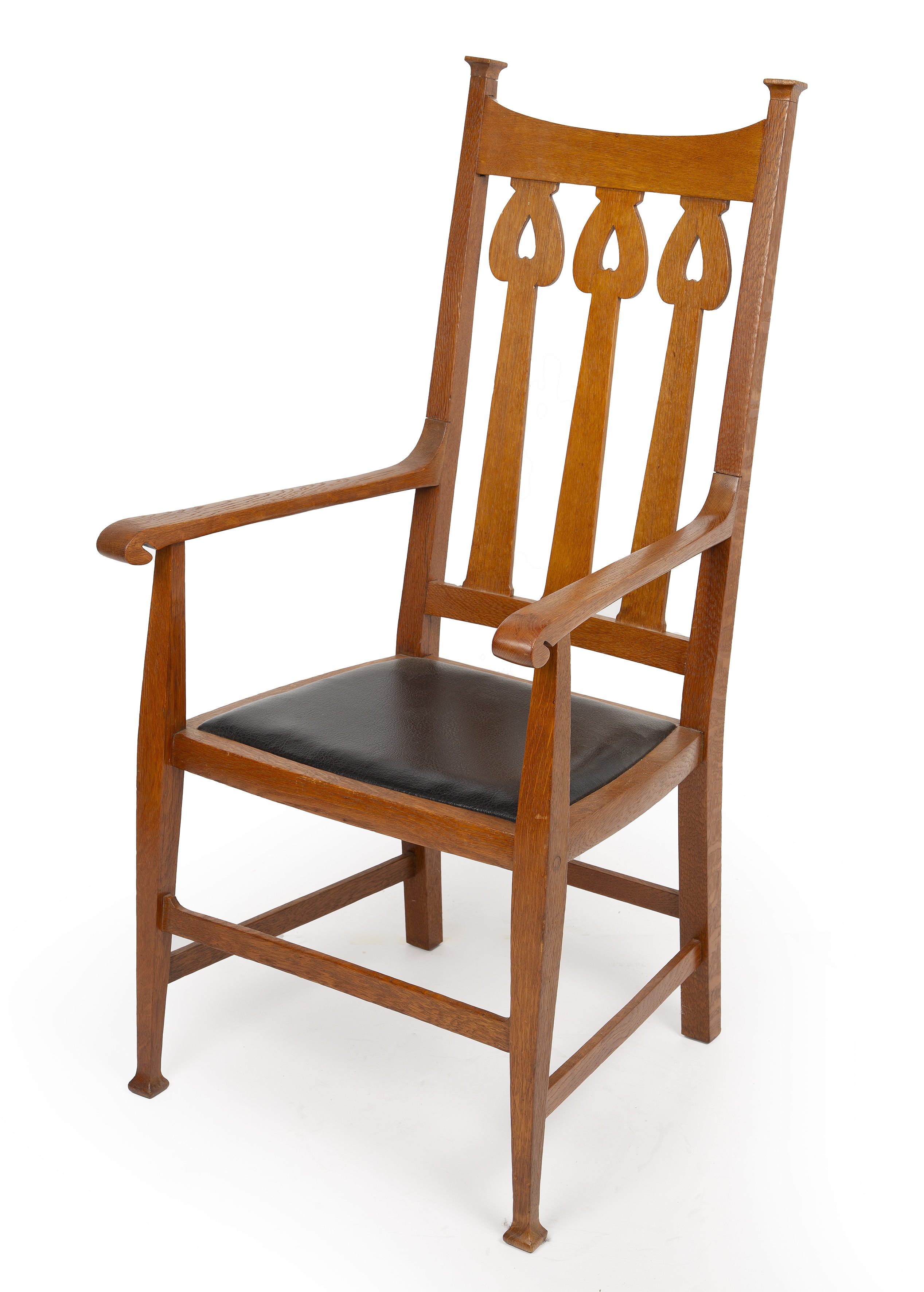 Attributed to Liberty & Co. Arts & Crafts armchair oak with leather seat 120cm high; together with - Image 3 of 4