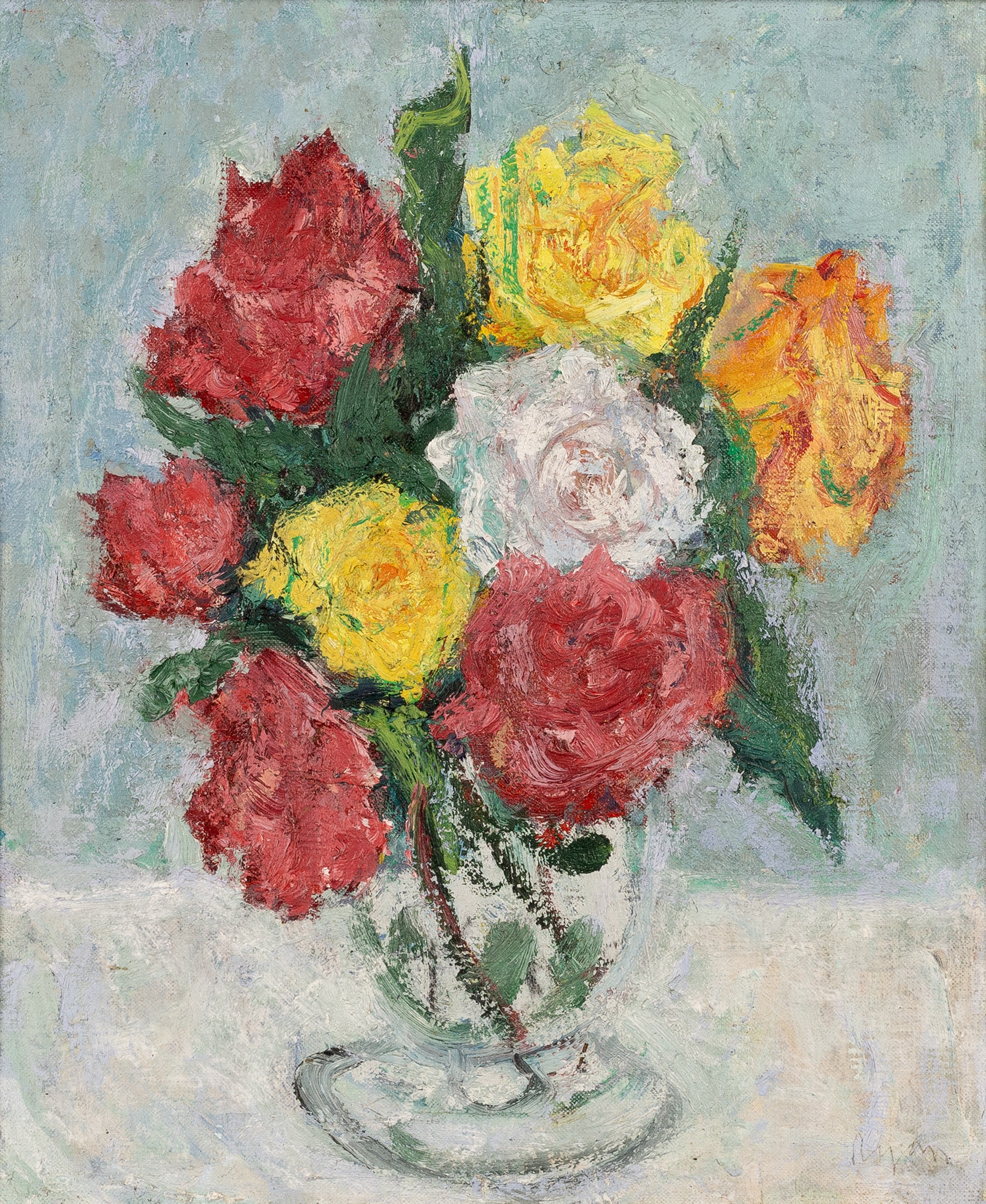 Adrian Ryan (1920-1998) Roses in a Glass Vase signed (lower right) oil on canvas 29.5 x 24.5cm.
